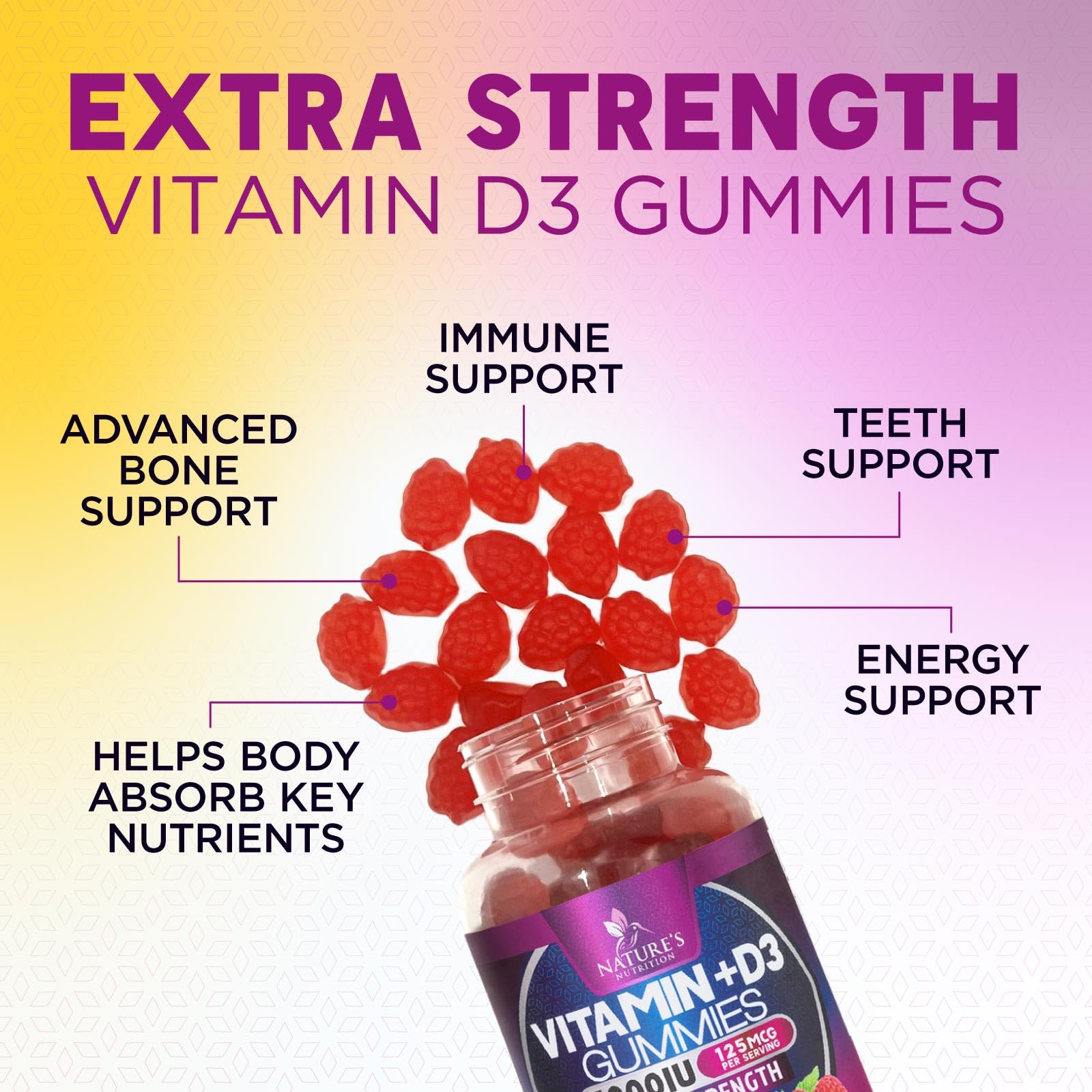 Nature's Nutrition Vitamin D3 Gummies on a wooden table