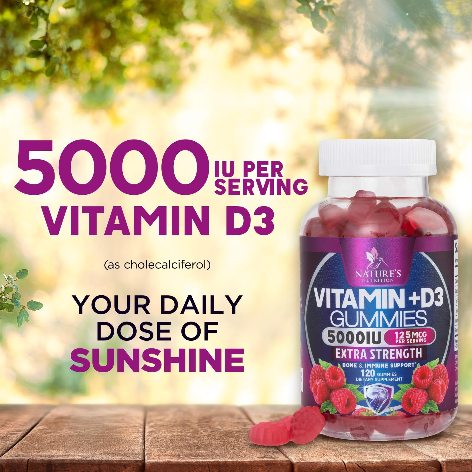 Nature's Nutrition Vitamin D3 Gummies with a measuring spoon