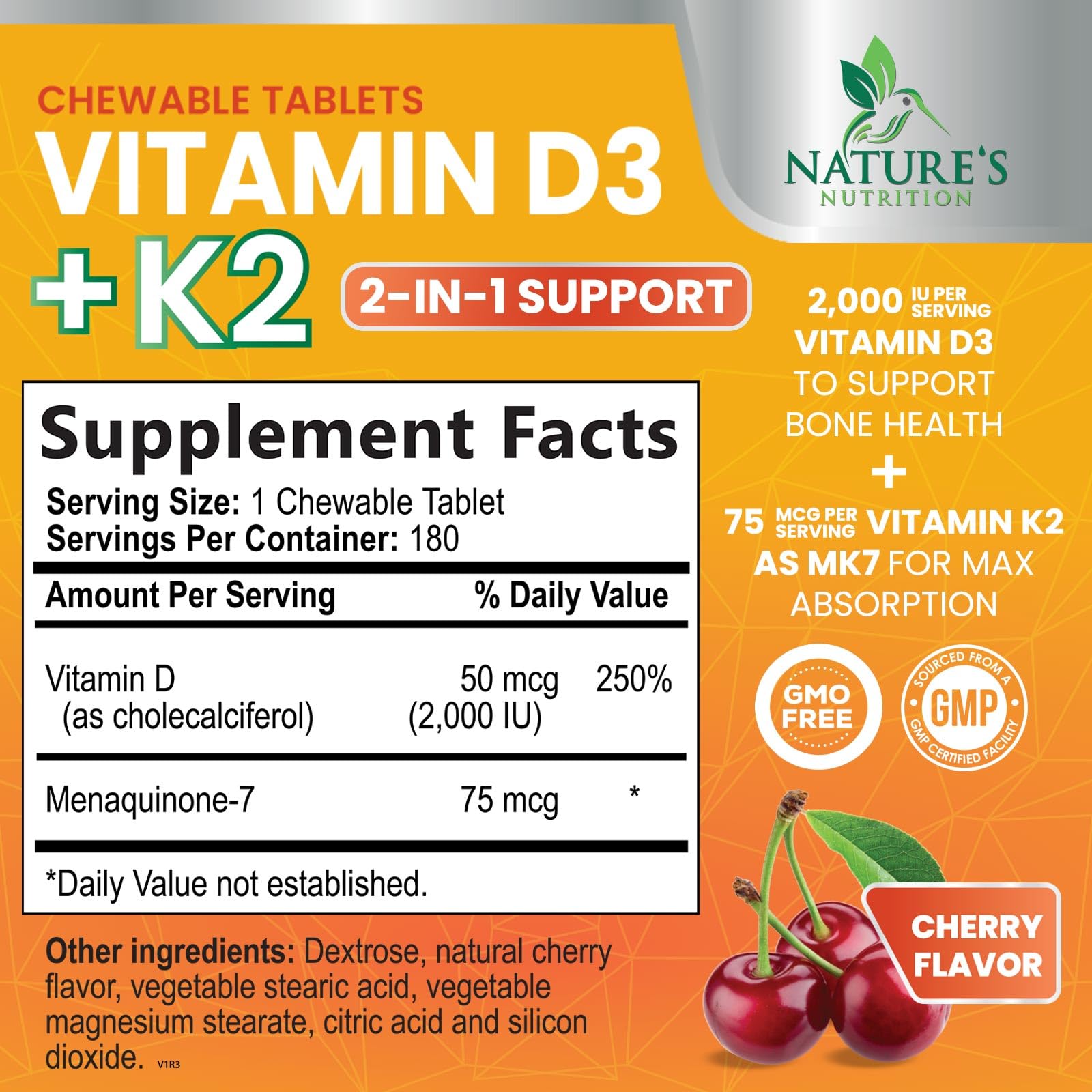 Nature's Nutrition Vitamin D3 K2 Chewables back view packaging