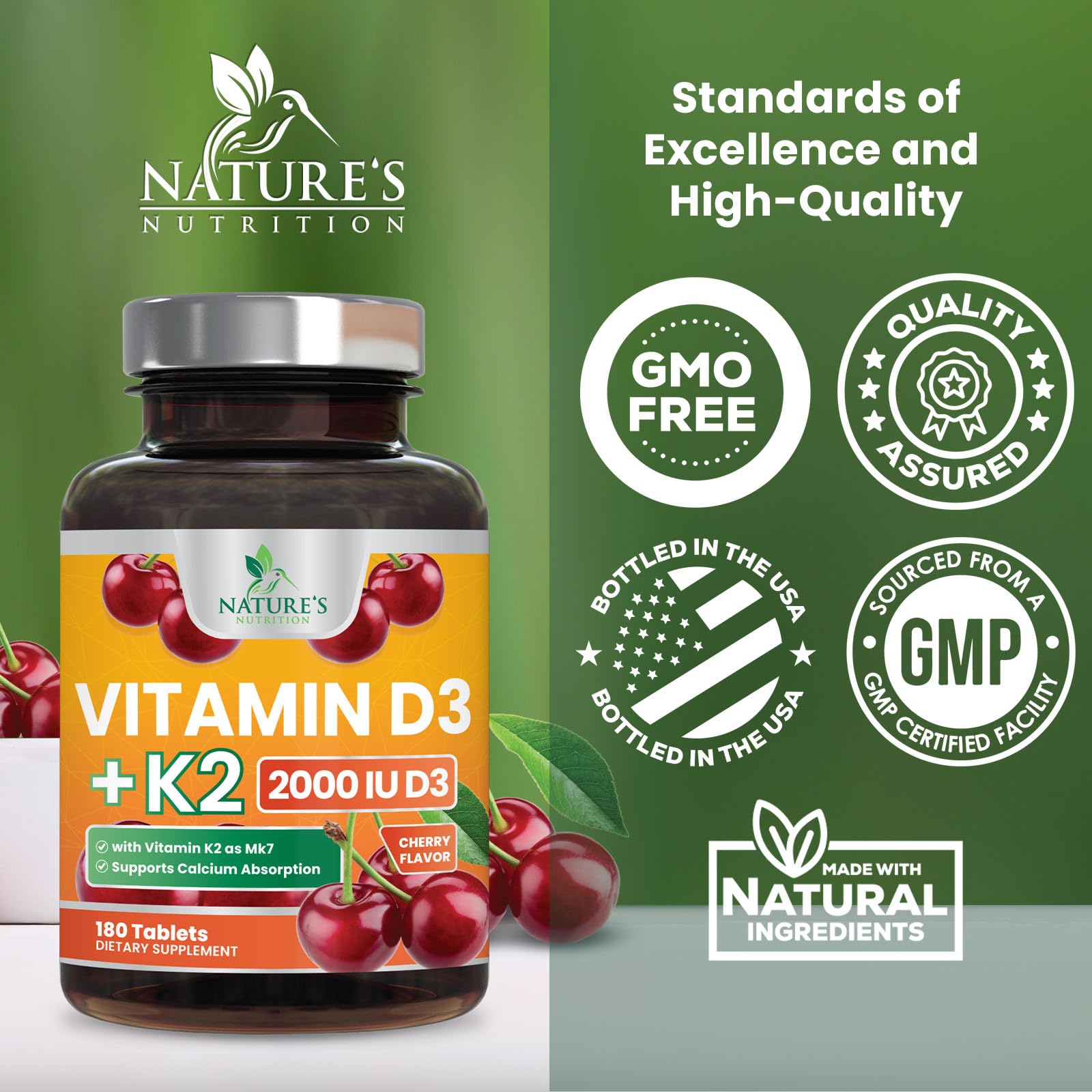 Nature's Nutrition Vitamin D3 K2 Chewables showing cherry flavour