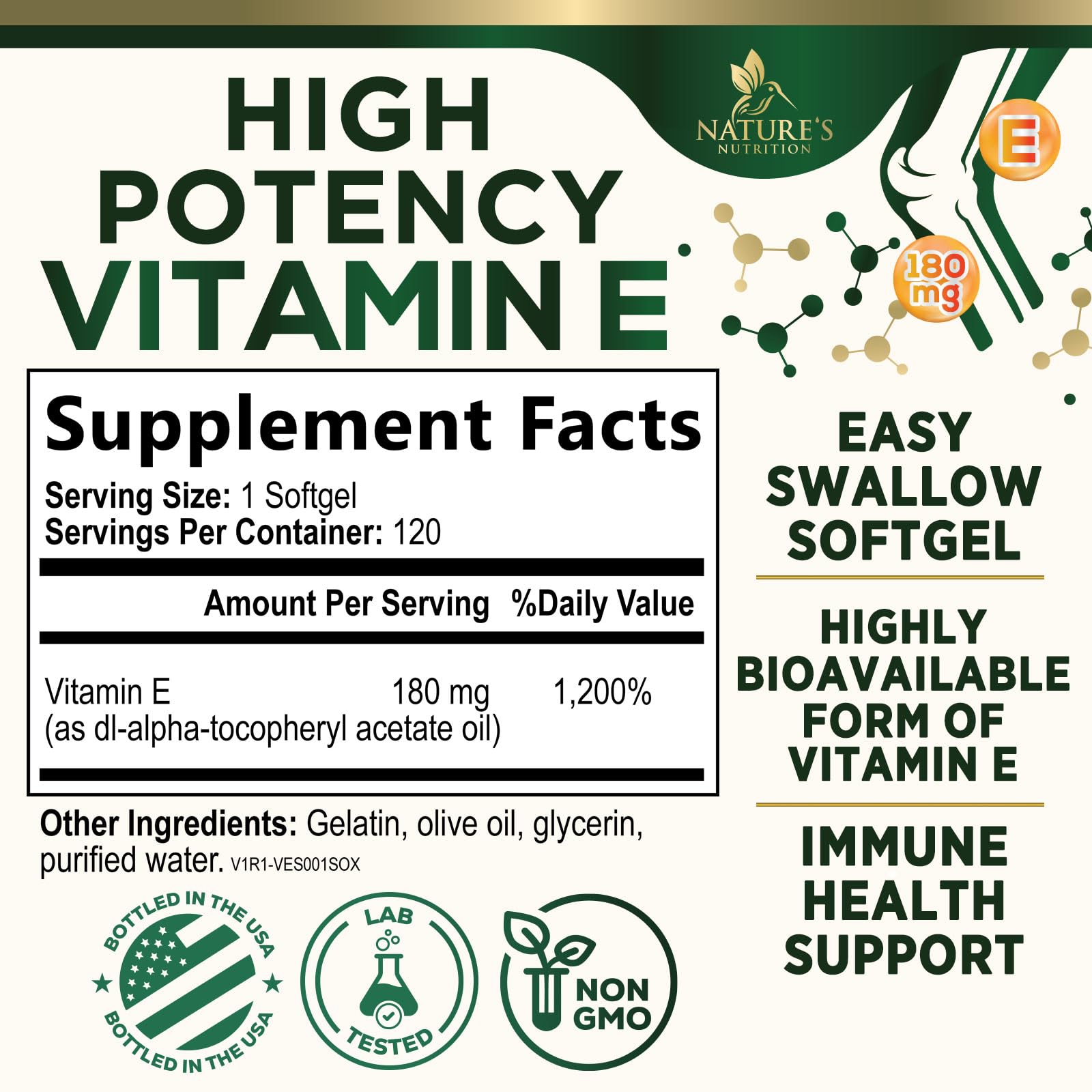 Nature's Nutrition Vitamin E Softgels 180mg back view