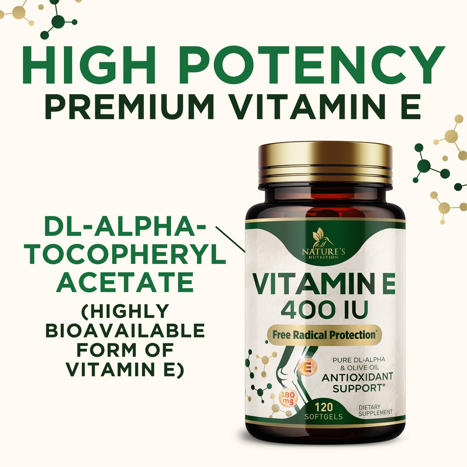 Nature's Nutrition Vitamin E Softgels 180mg on a wooden table