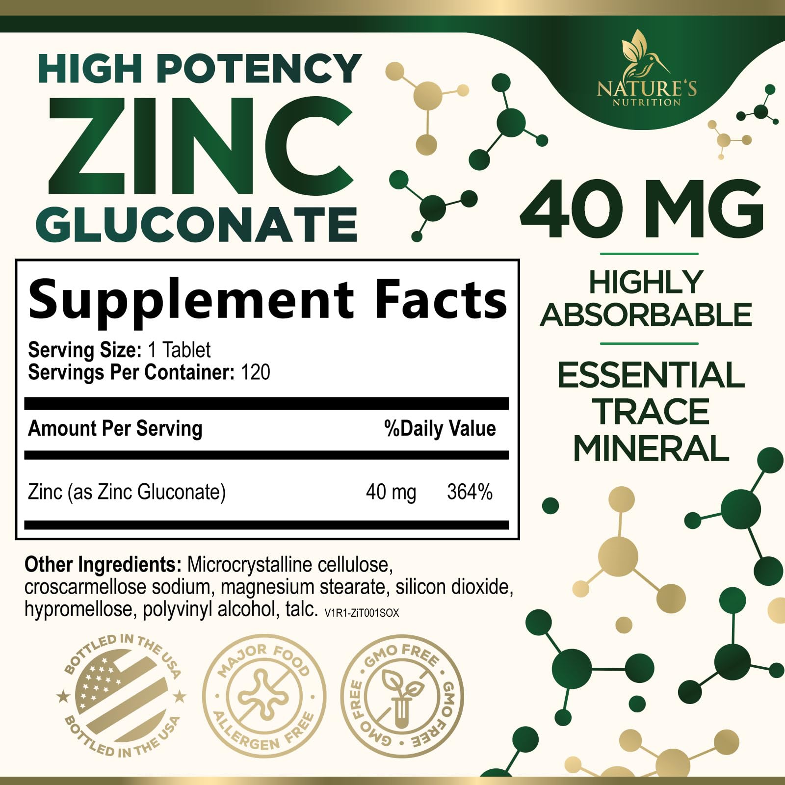 Nature's Nutrition Zinc 40mg Tablets side view