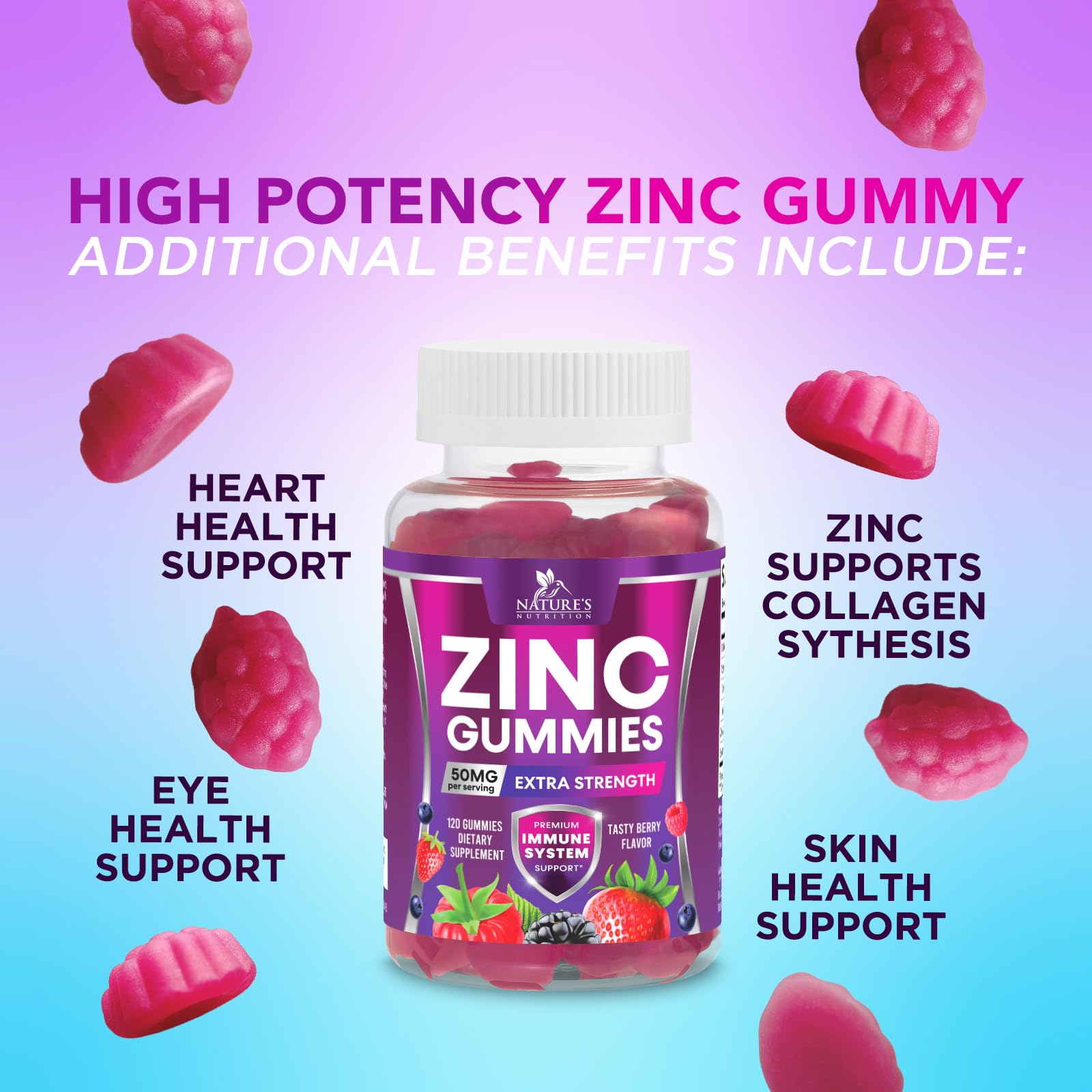 Nature's Nutrition Zinc Gummies packaging with ingredients list