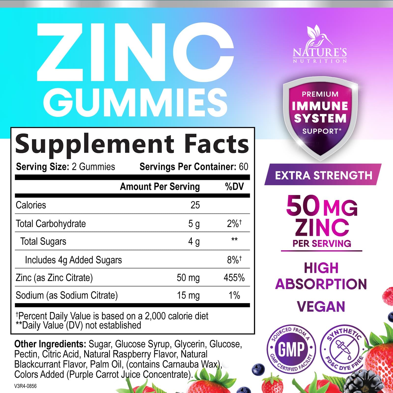 Nature's Nutrition Zinc Gummies raspberry flavour close-up