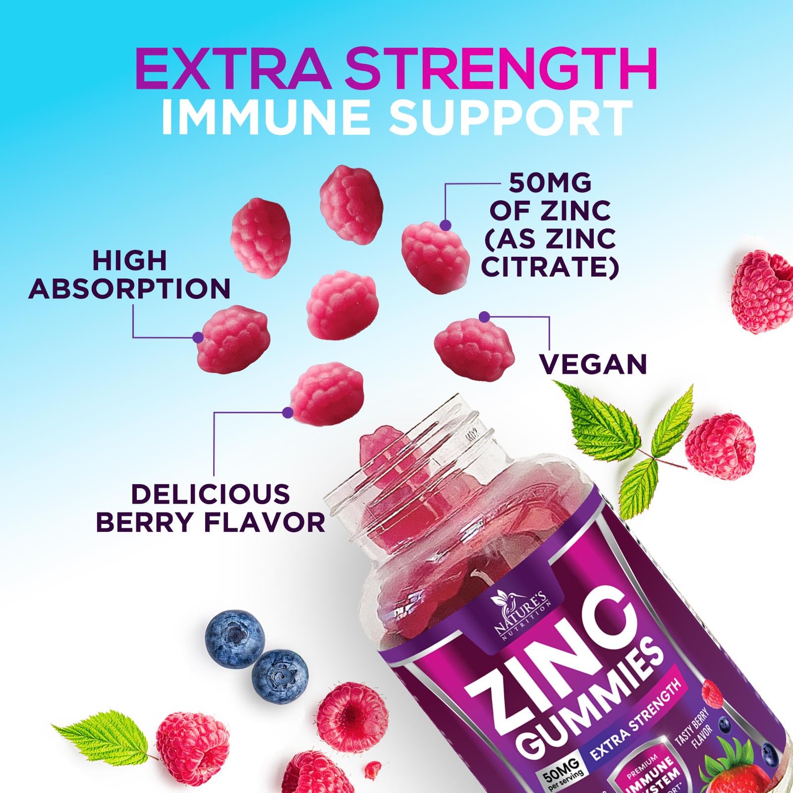 Nature's Nutrition Zinc Gummies side view showing nutritional information