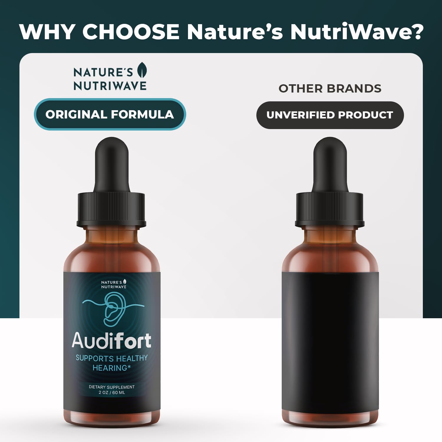 Nature’s NutriWave Audifort Herbal Liquid Supplement with dosage dropper