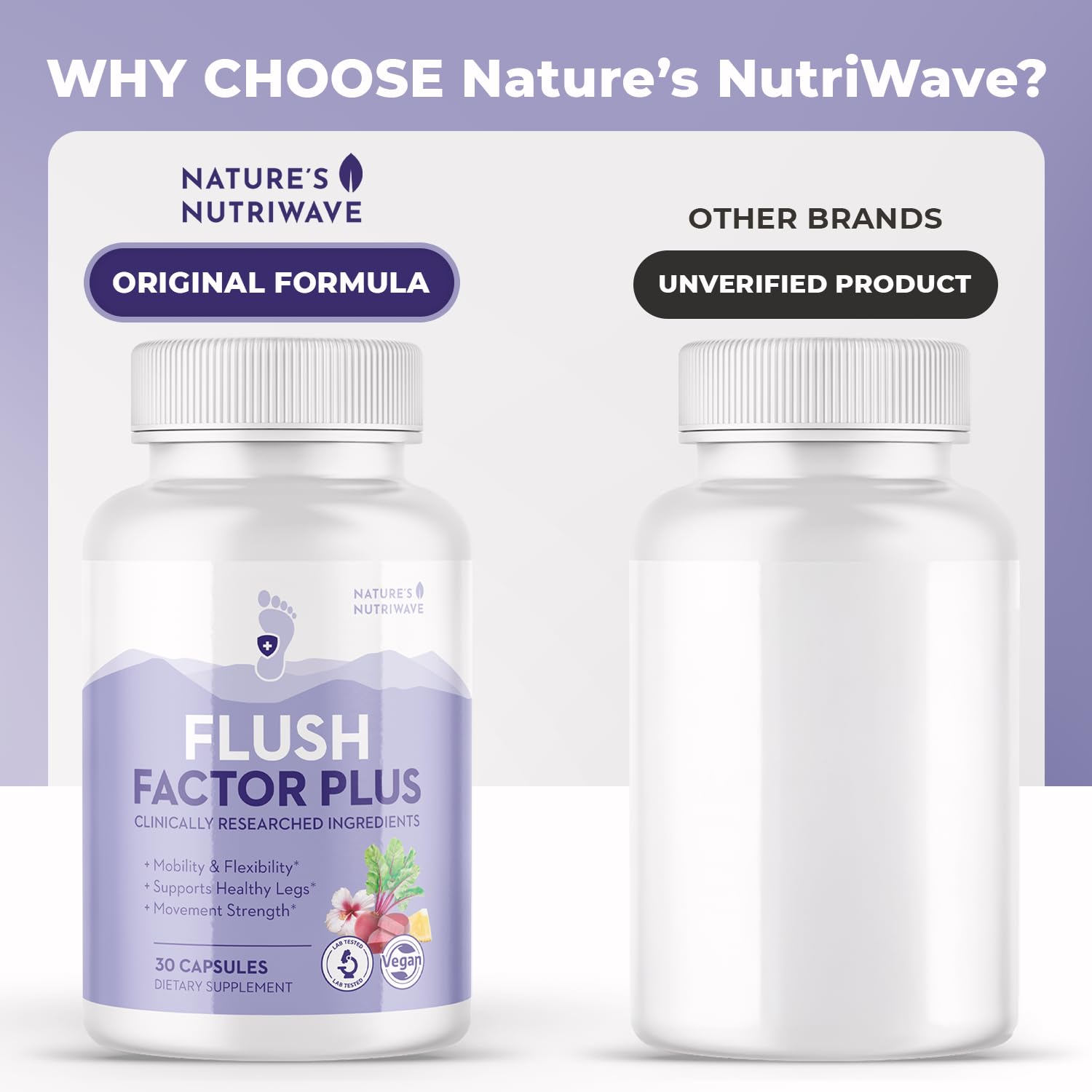 Nature’s NutriWave Flush Factor Plus capsules on a wooden table