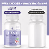 Nature’s NutriWave Flush Factor Plus capsules on a wooden table