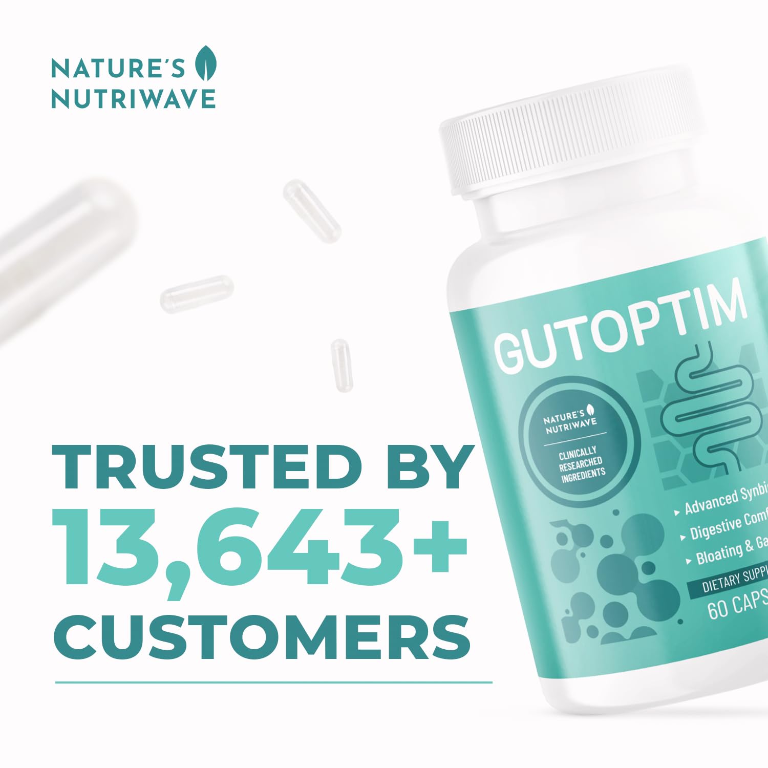 Nature’s NutriWave GutOptim supplement displayed on a wooden table