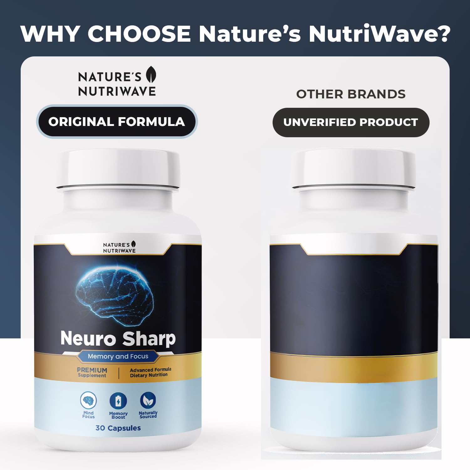 Nature’s NutriWave Neuro Sharp capsules on a wooden table