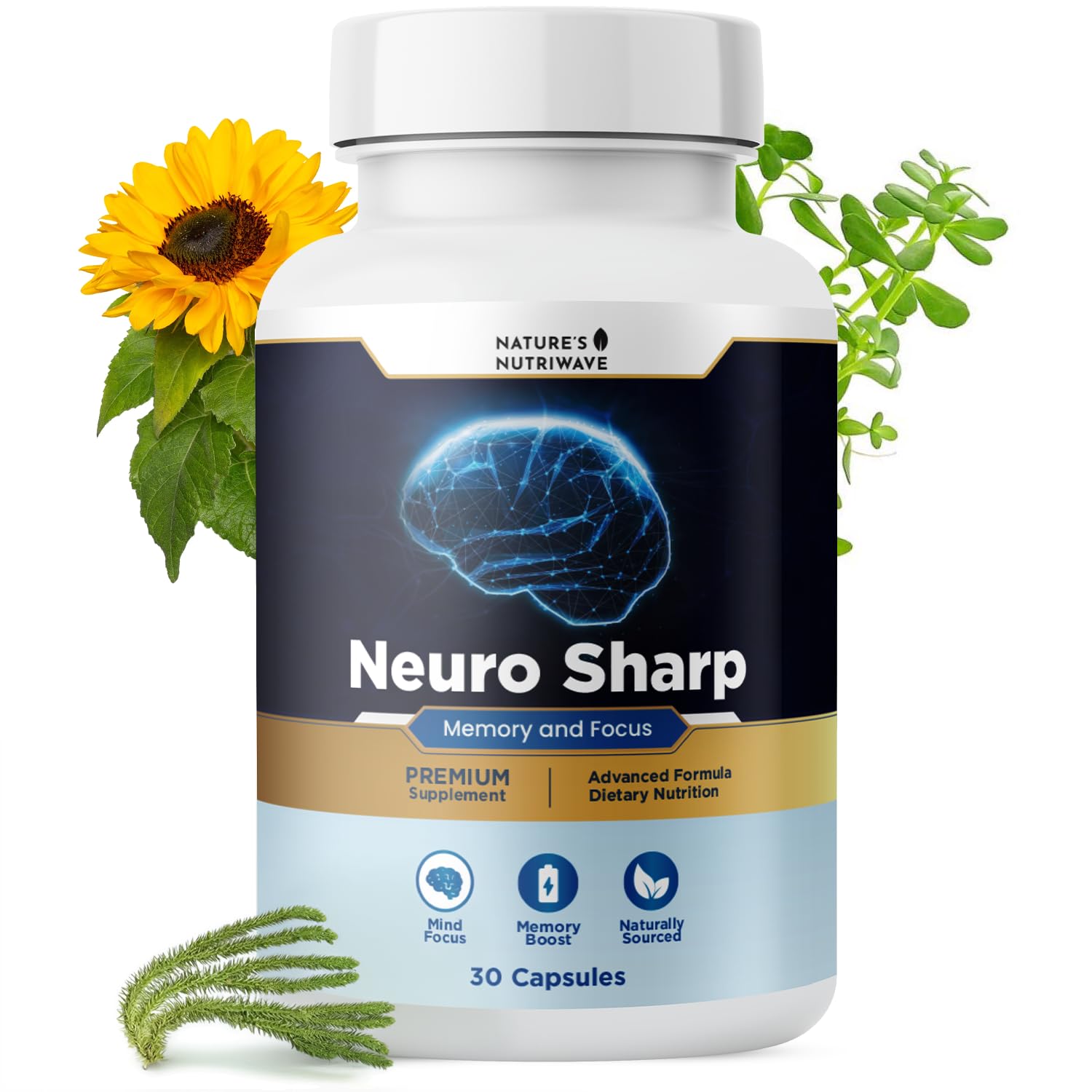 Nature’s NutriWave Neuro Sharp supplement front view with packaging