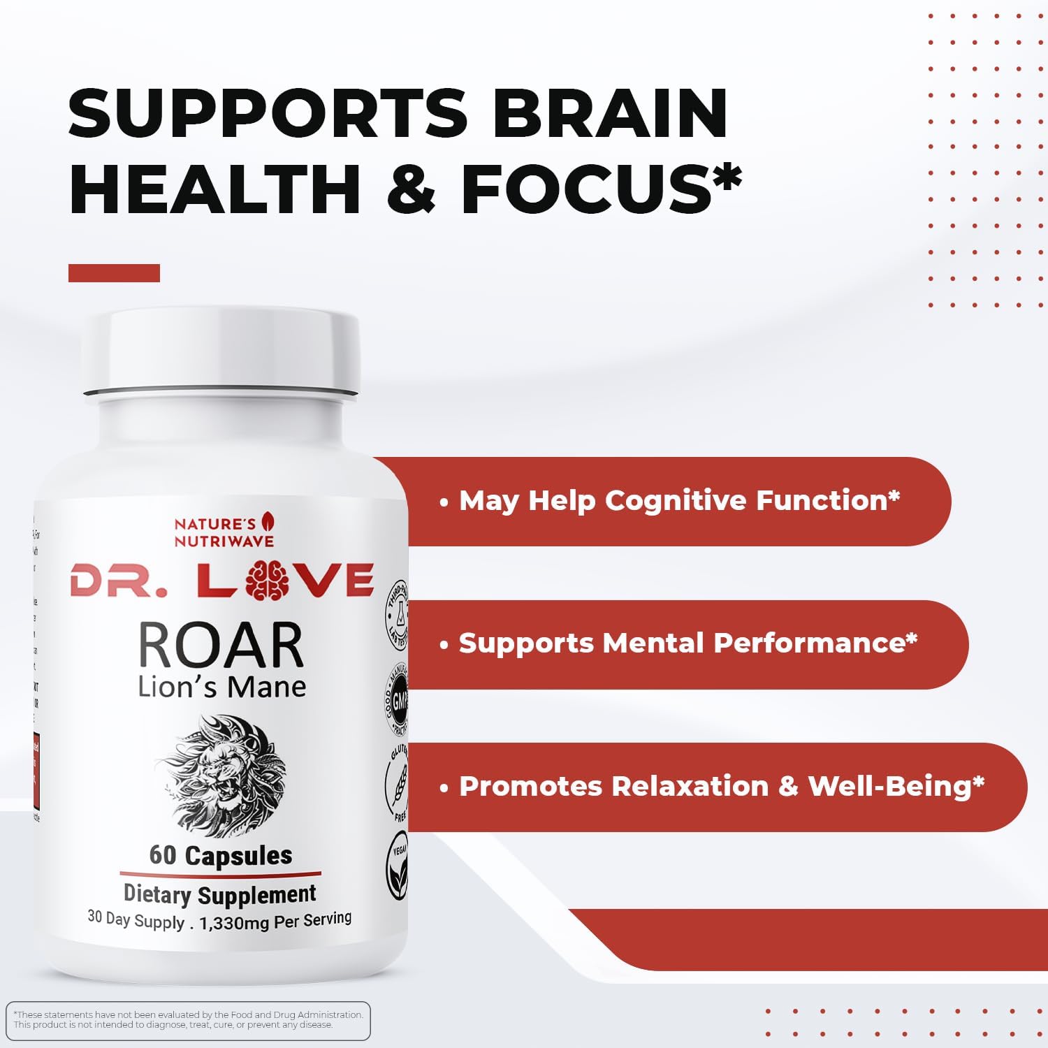 Nature’s NutriWave ROAR Lion’s Mane Mushroom Supplement bottle side view
