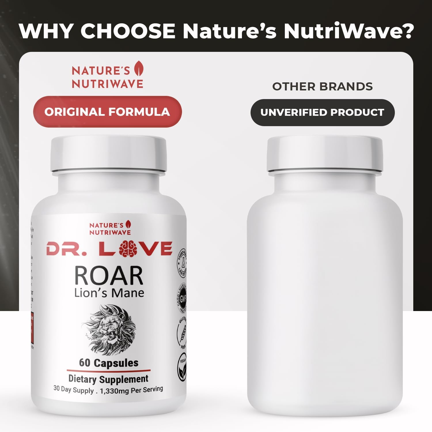 Nature’s NutriWave ROAR Lion’s Mane Mushroom Supplement capsules on a wooden surface