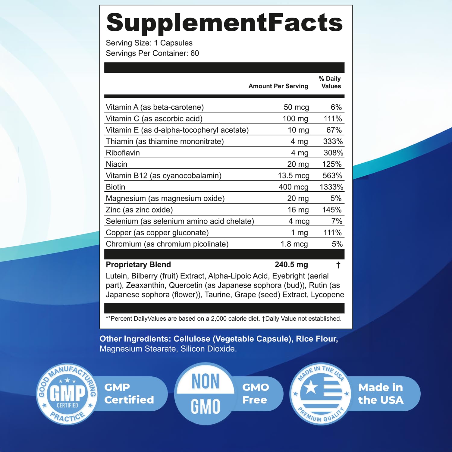 Nature’s NutriWave Visual Ease Eye Supplement capsules on a wooden surface