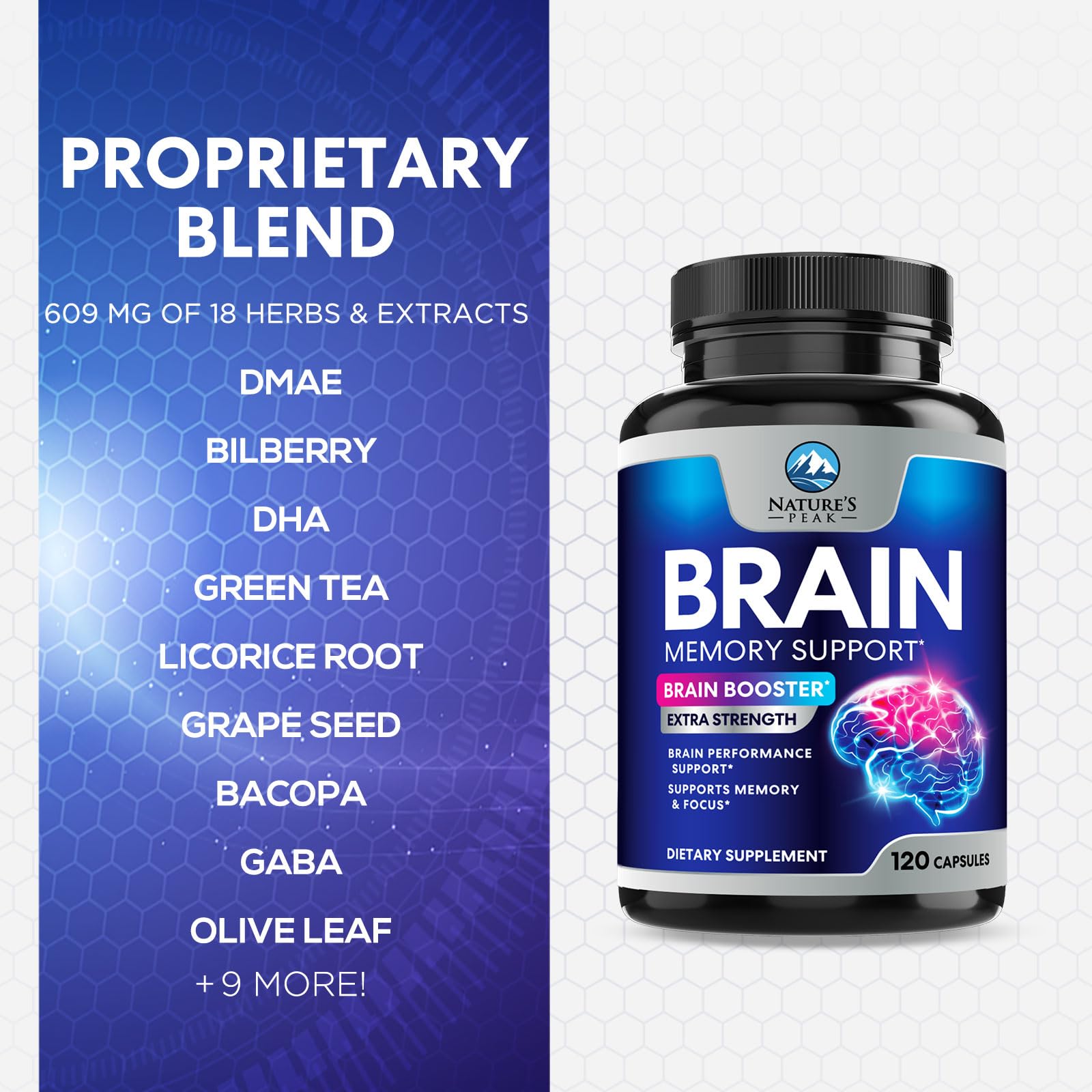 Nature's Peak Brain Memory Supplement 3X Strength bottle with a measuring spoon