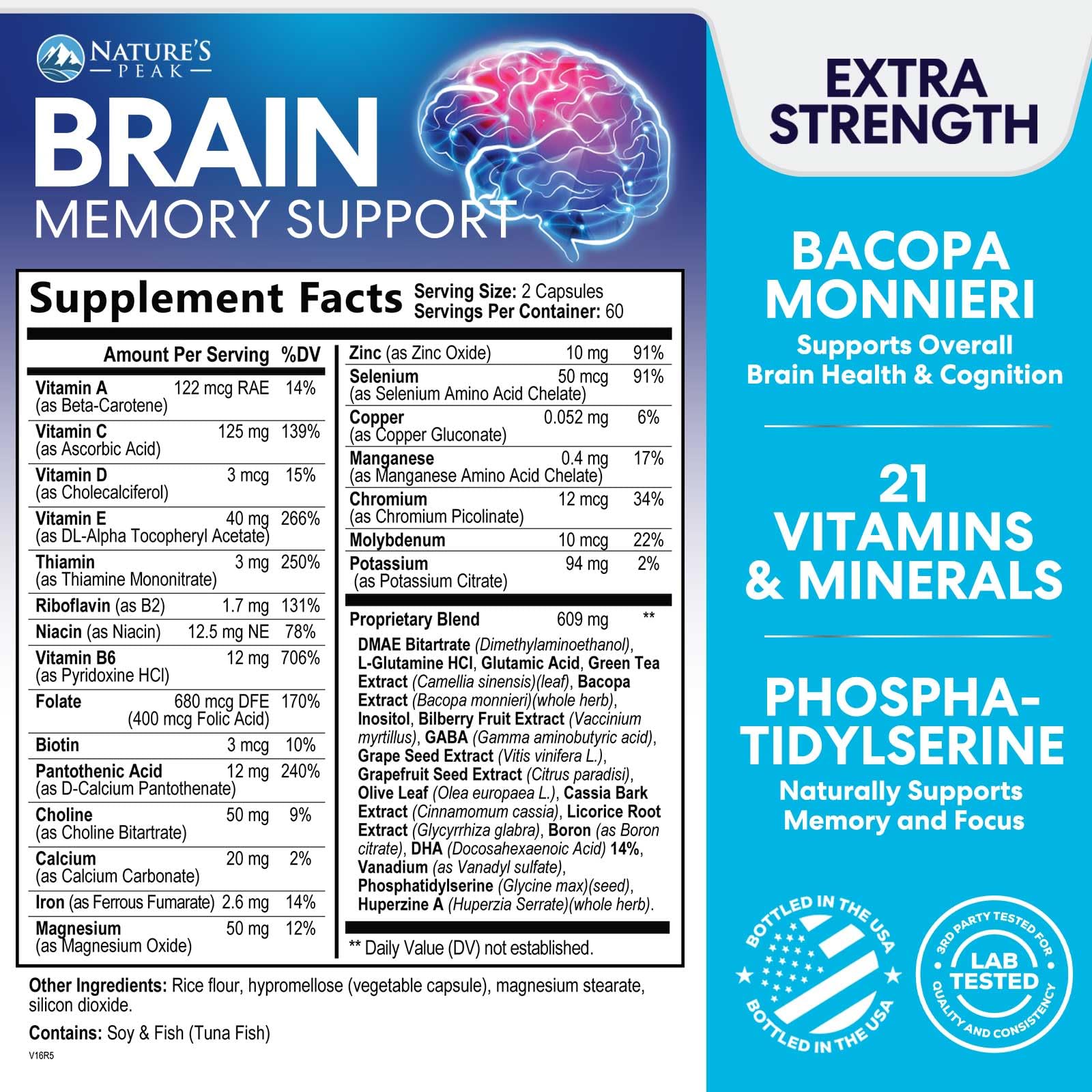 Nature's Peak Brain Memory Supplement 3X Strength capsule bottle side view