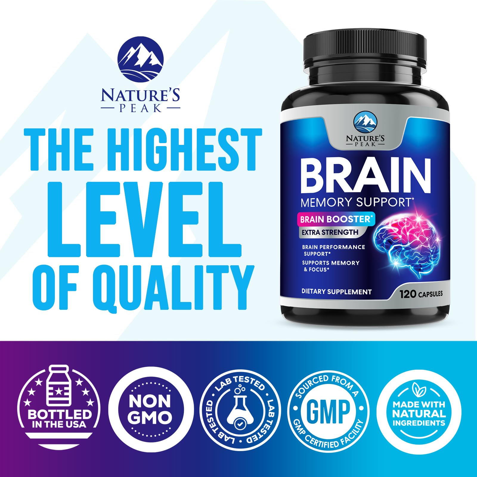 Nature's Peak Brain Memory Supplement 3X Strength capsules in hand