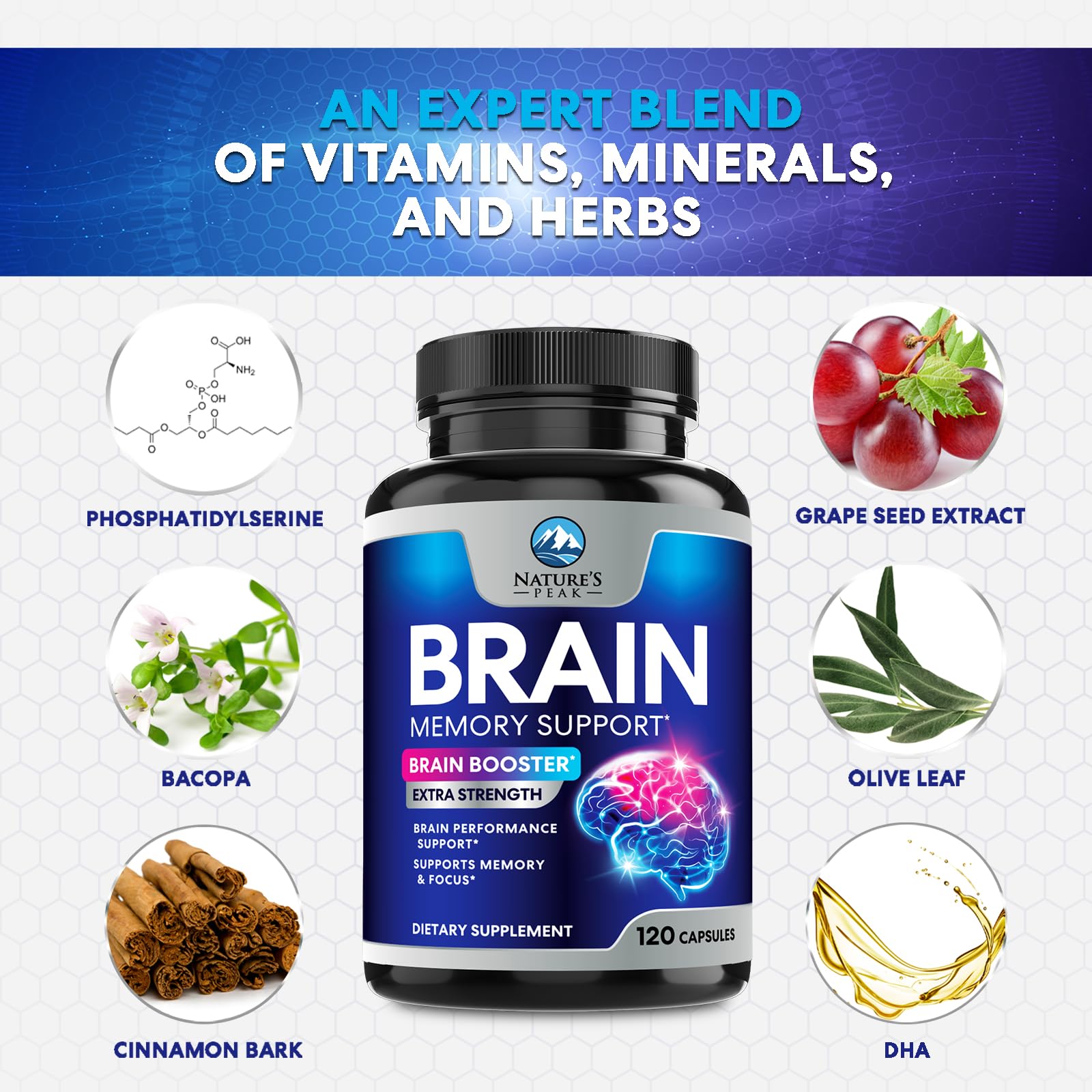 Nature's Peak Brain Memory Supplement 3X Strength capsules with a glass of water