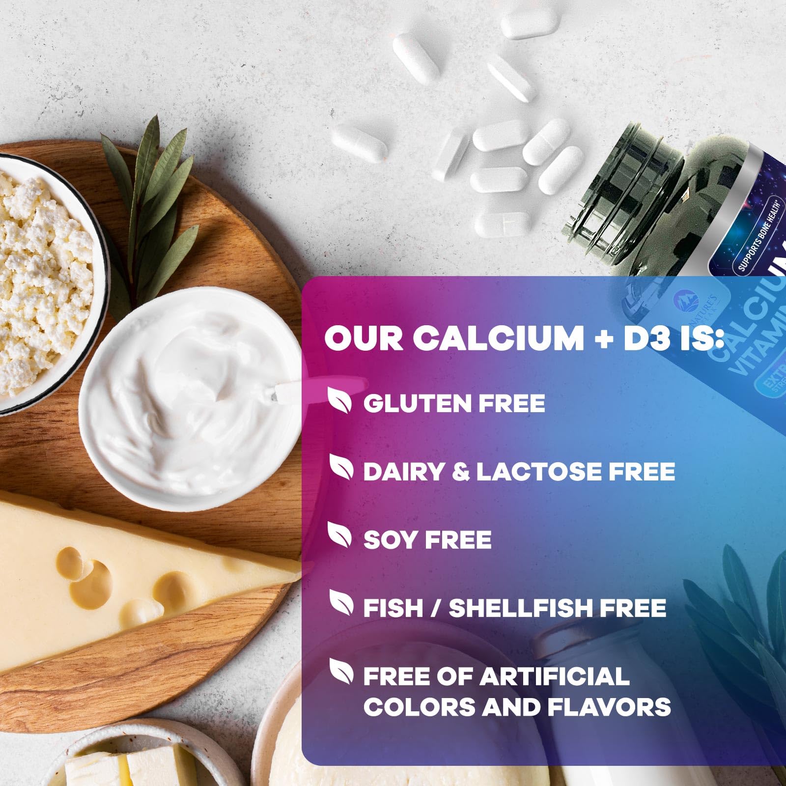 Nature's Peak Calcium D3 Supplement 1200mg on a wooden table