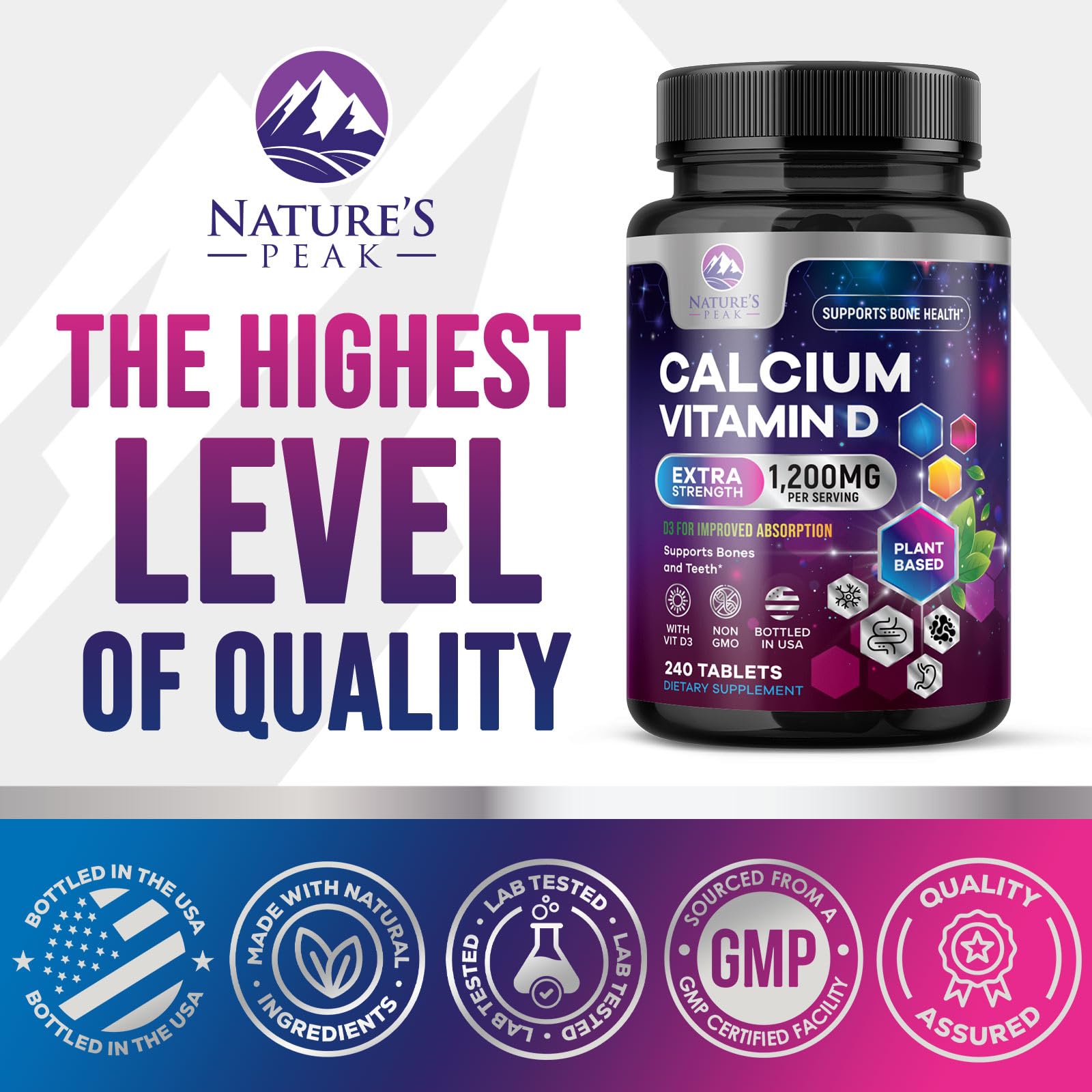Nature's Peak Calcium D3 Supplement 1200mg tablets close-up