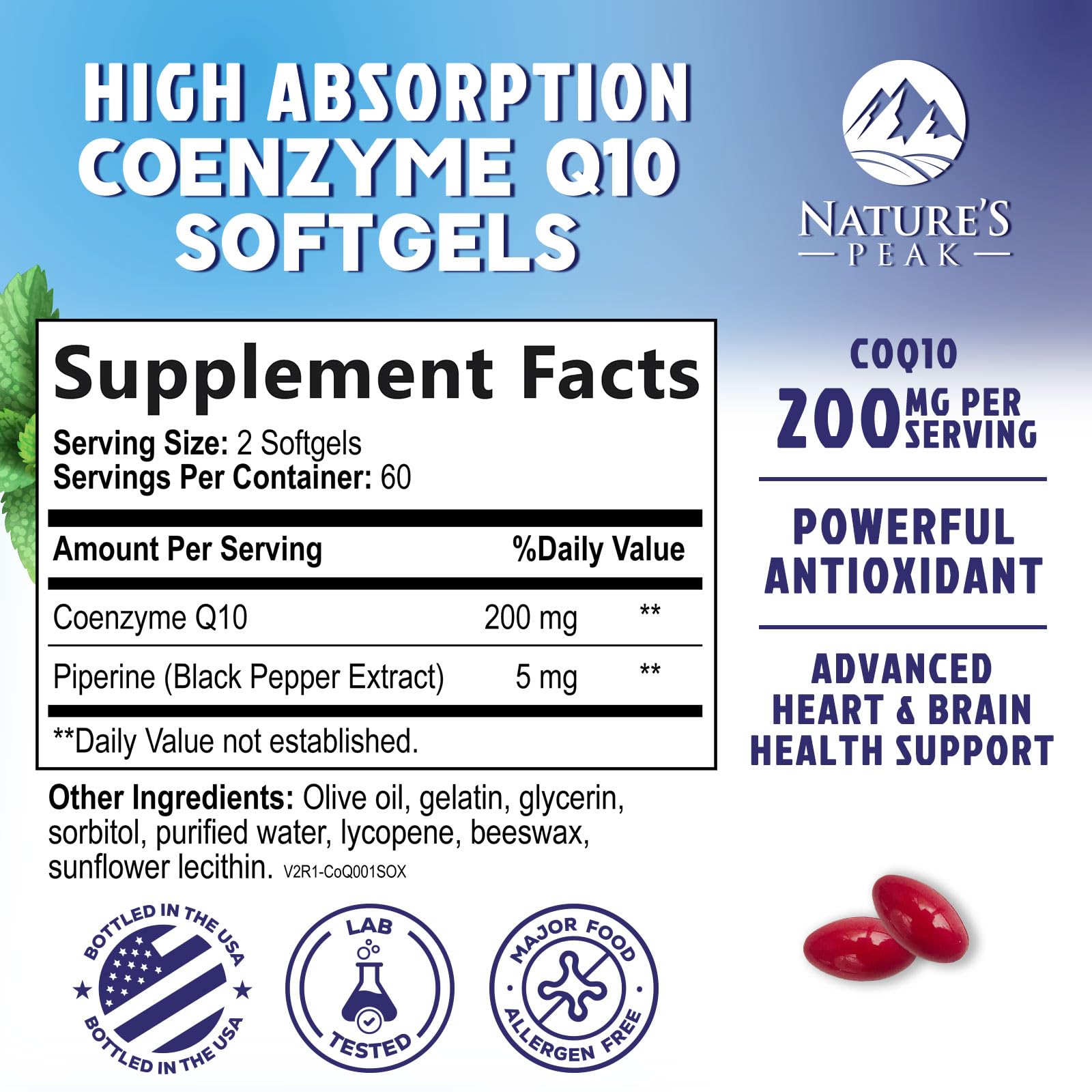 Nature's Peak CoQ10 softgel bottle side view