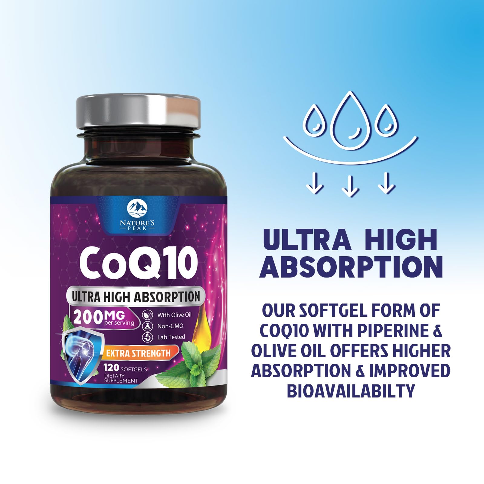 Nature's Peak CoQ10 softgel bottle with a measuring spoon