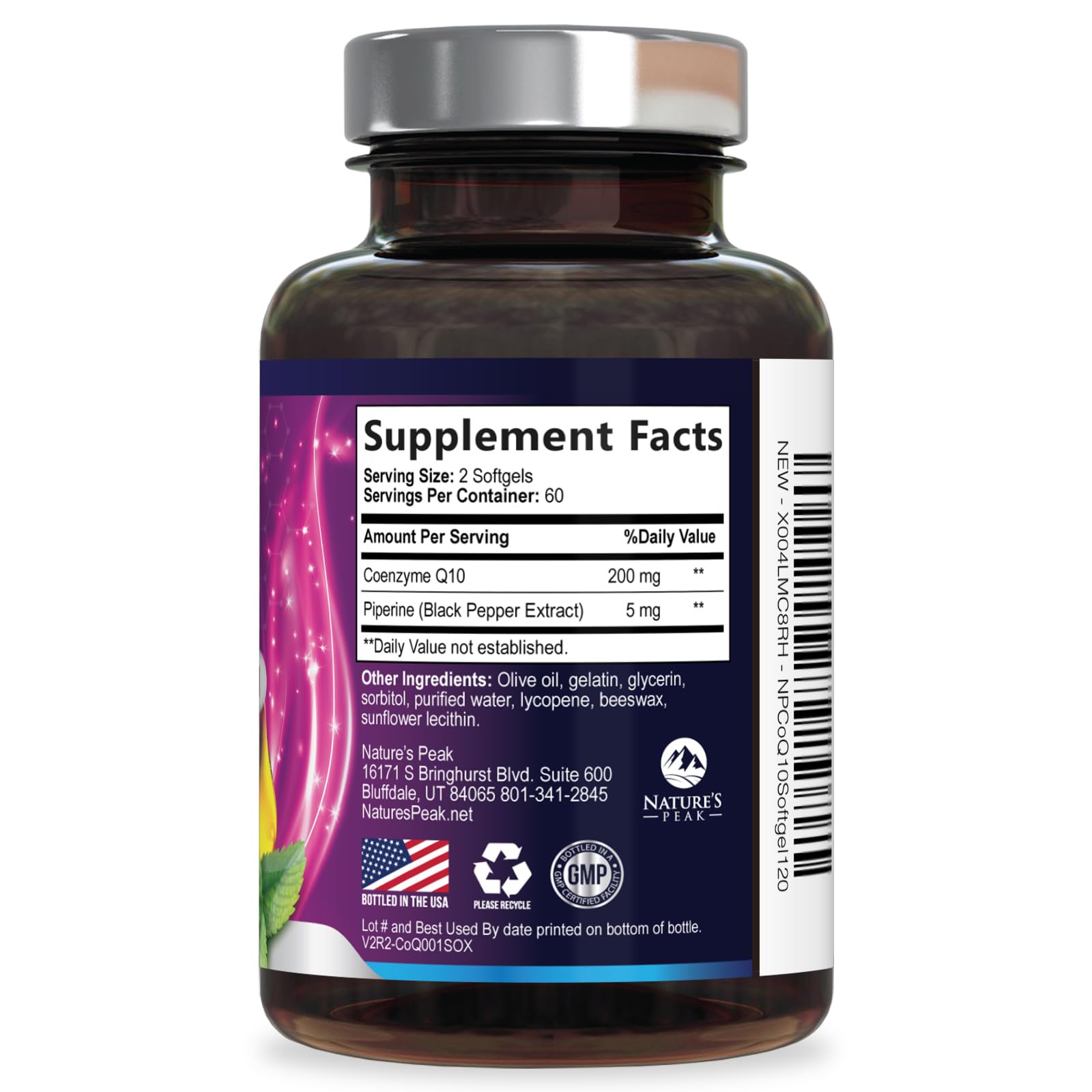 Nature's Peak CoQ10 softgel packaging details