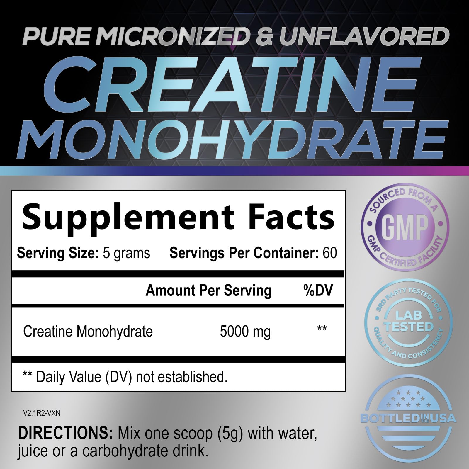 Nature's Peak Creatine Monohydrate 5000mg powder back view with nutritional information