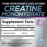 Nature's Peak Creatine Monohydrate 5000mg powder back view with nutritional information