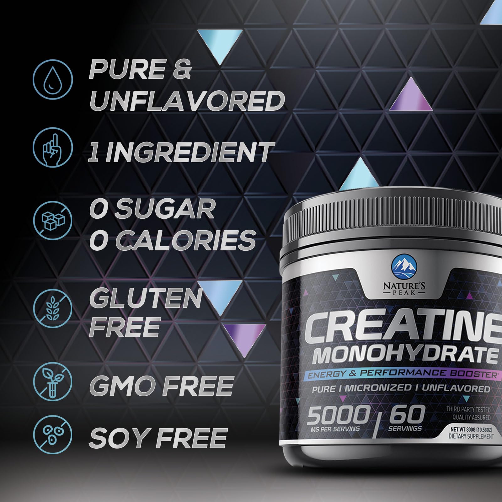 Nature's Peak Creatine Monohydrate powder with fitness accessories