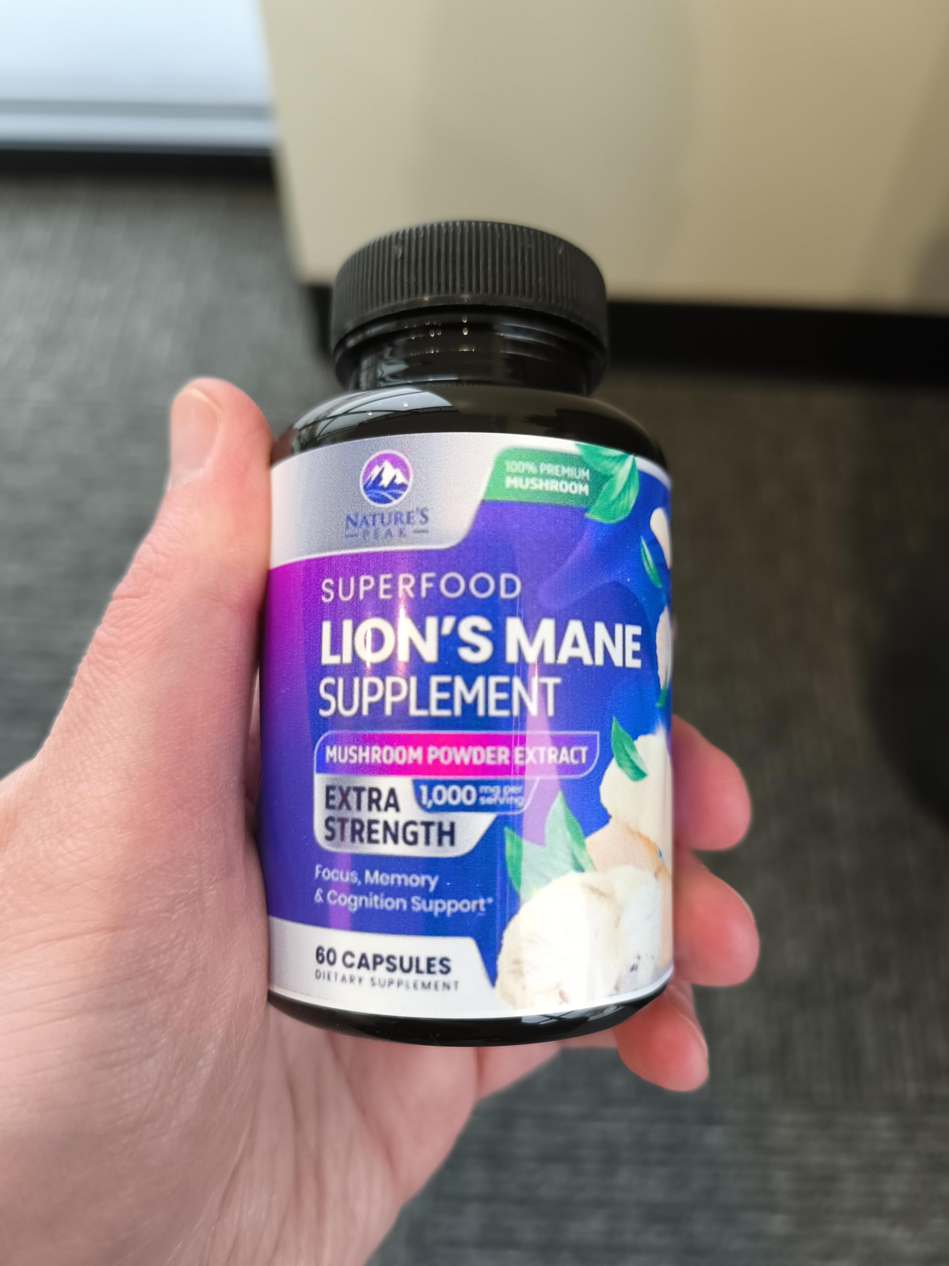 Nature's Peak Lion's Mane Mushroom Capsules 1000mg bottle with label