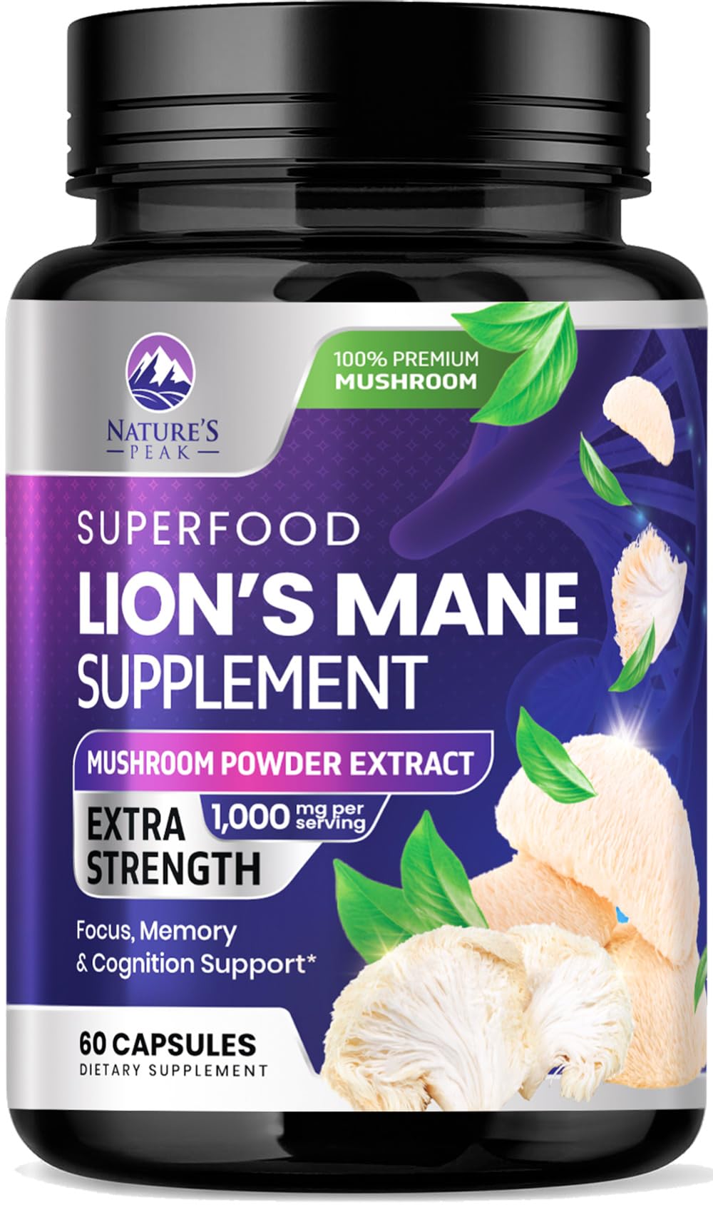 Nature's Peak Lion's Mane Mushroom Capsules 1000mg front view