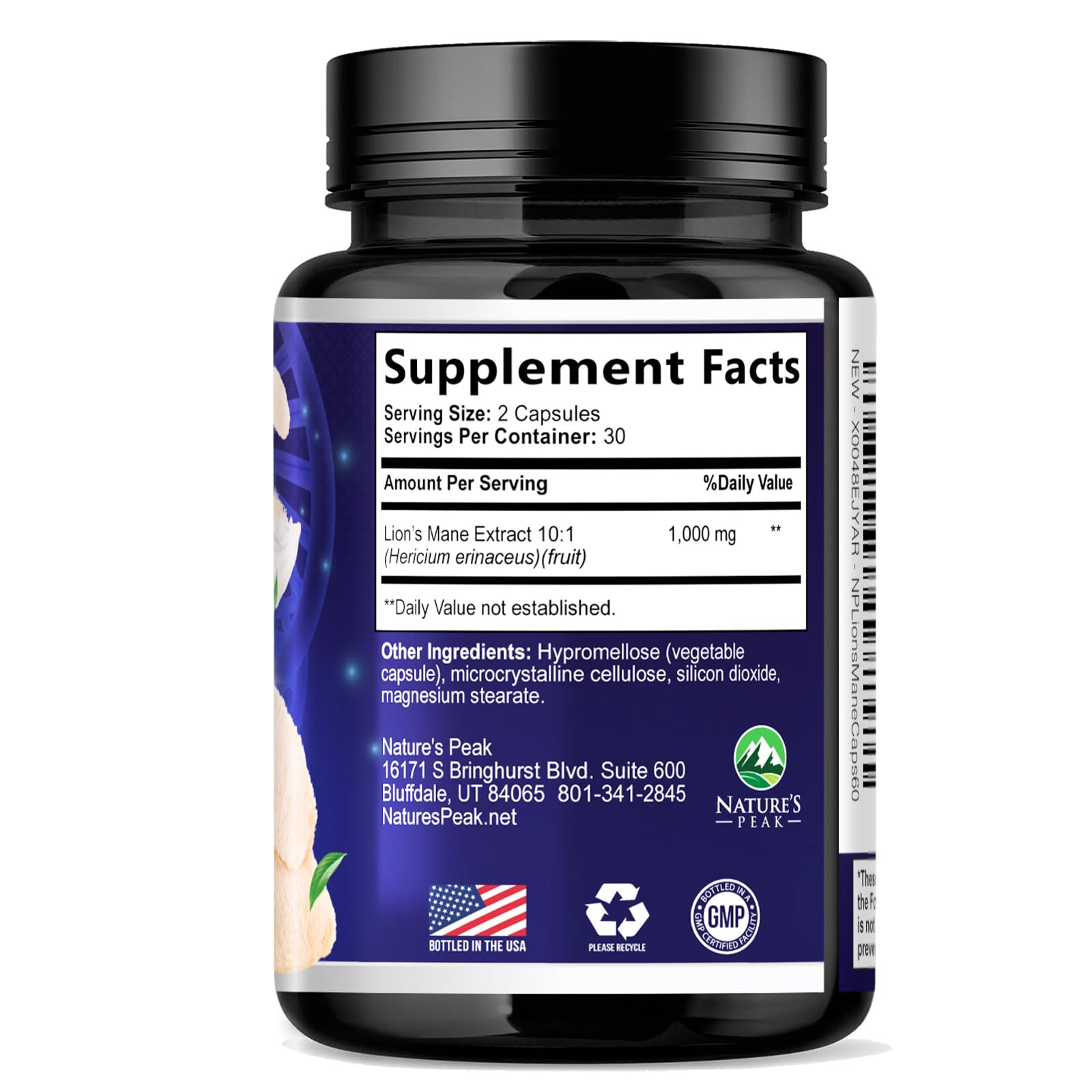 Nature's Peak Lion's Mane Mushroom Capsules 1000mg on a wooden table