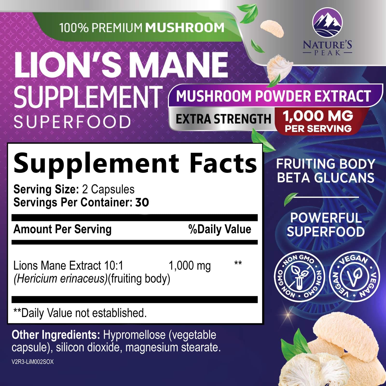 Nature's Peak Lion's Mane Mushroom Capsules 1000mg product details