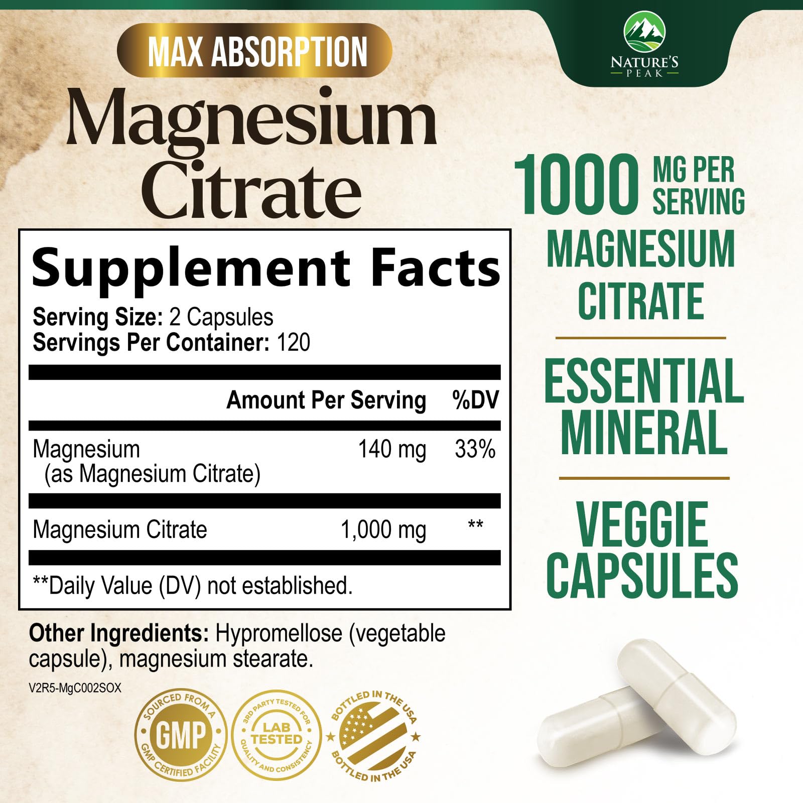 Nature's Peak Magnesium Citrate Supplement 1000mg side view