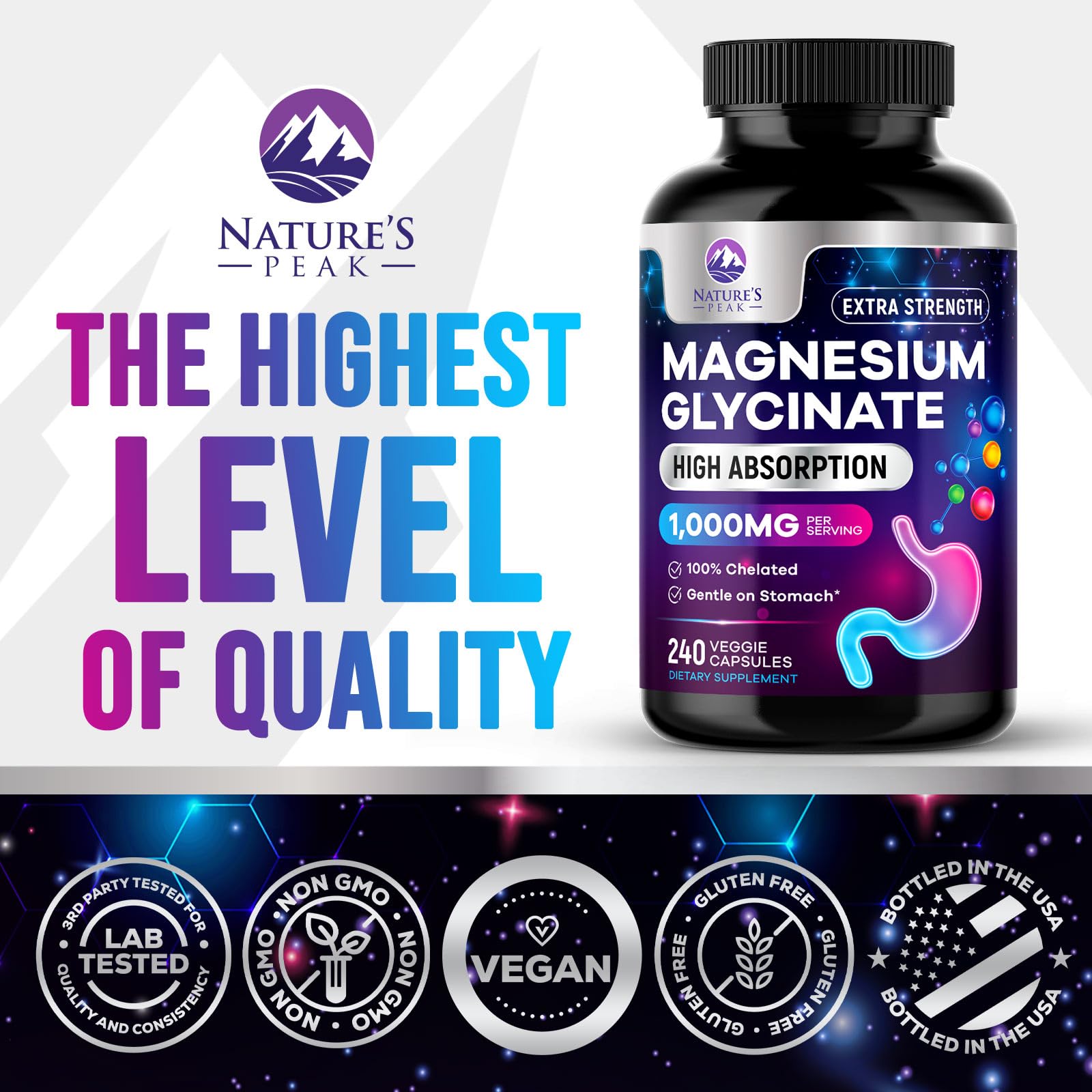 Nature's Peak Magnesium Glycinate 1000mg capsules on a wooden table