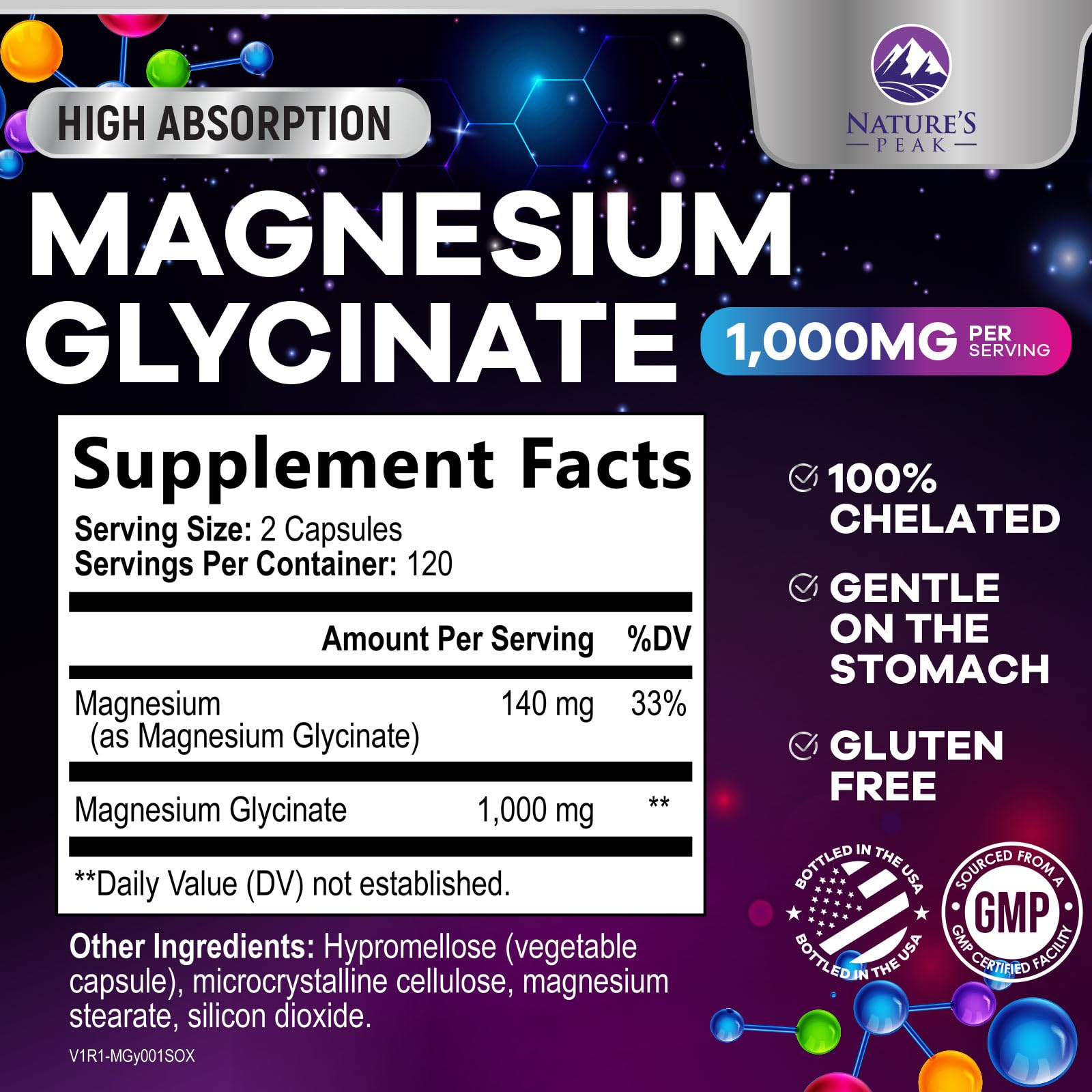 Nature's Peak Magnesium Glycinate 1000mg capsules side view