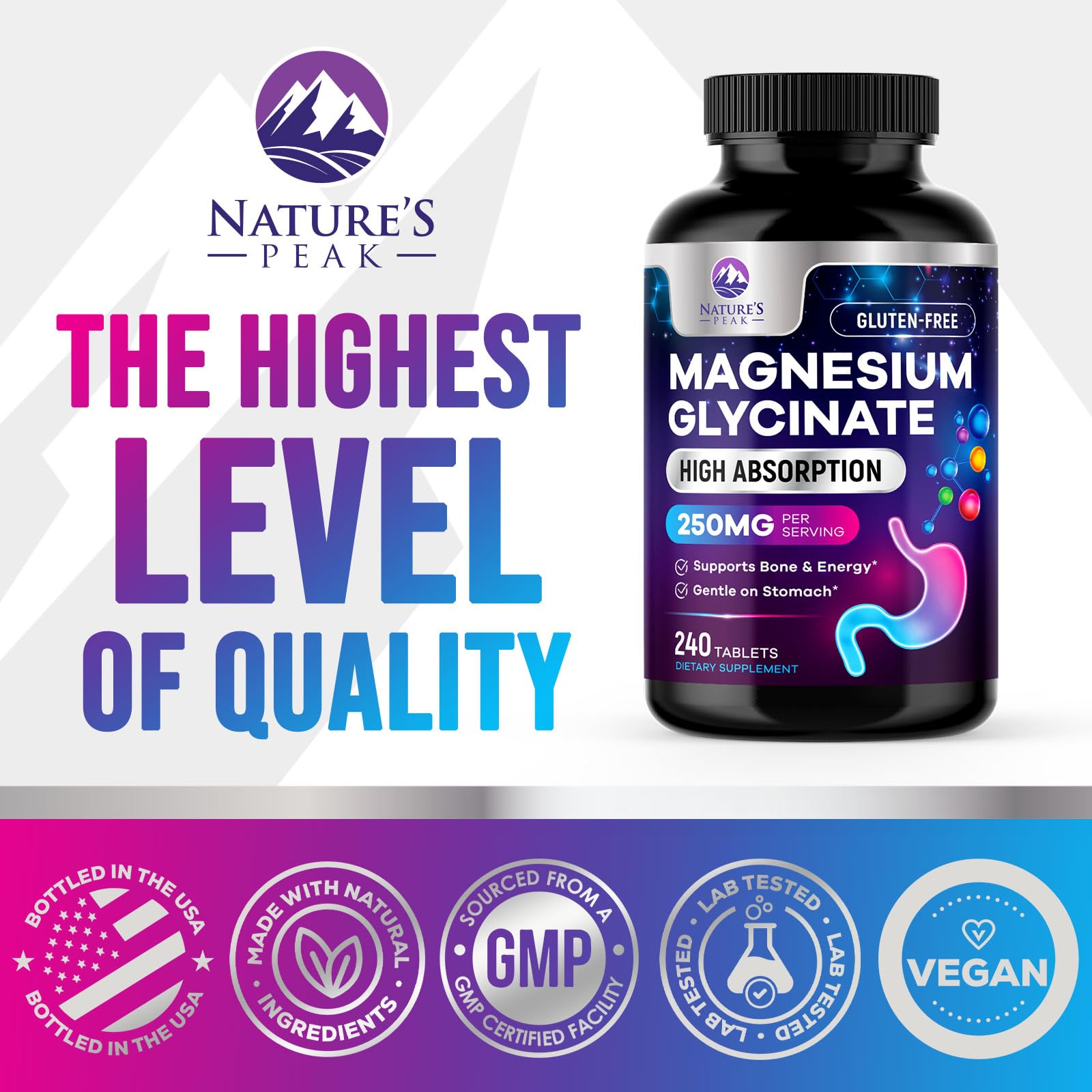 Nature's Peak Magnesium Glycinate 250mg capsules close-up
