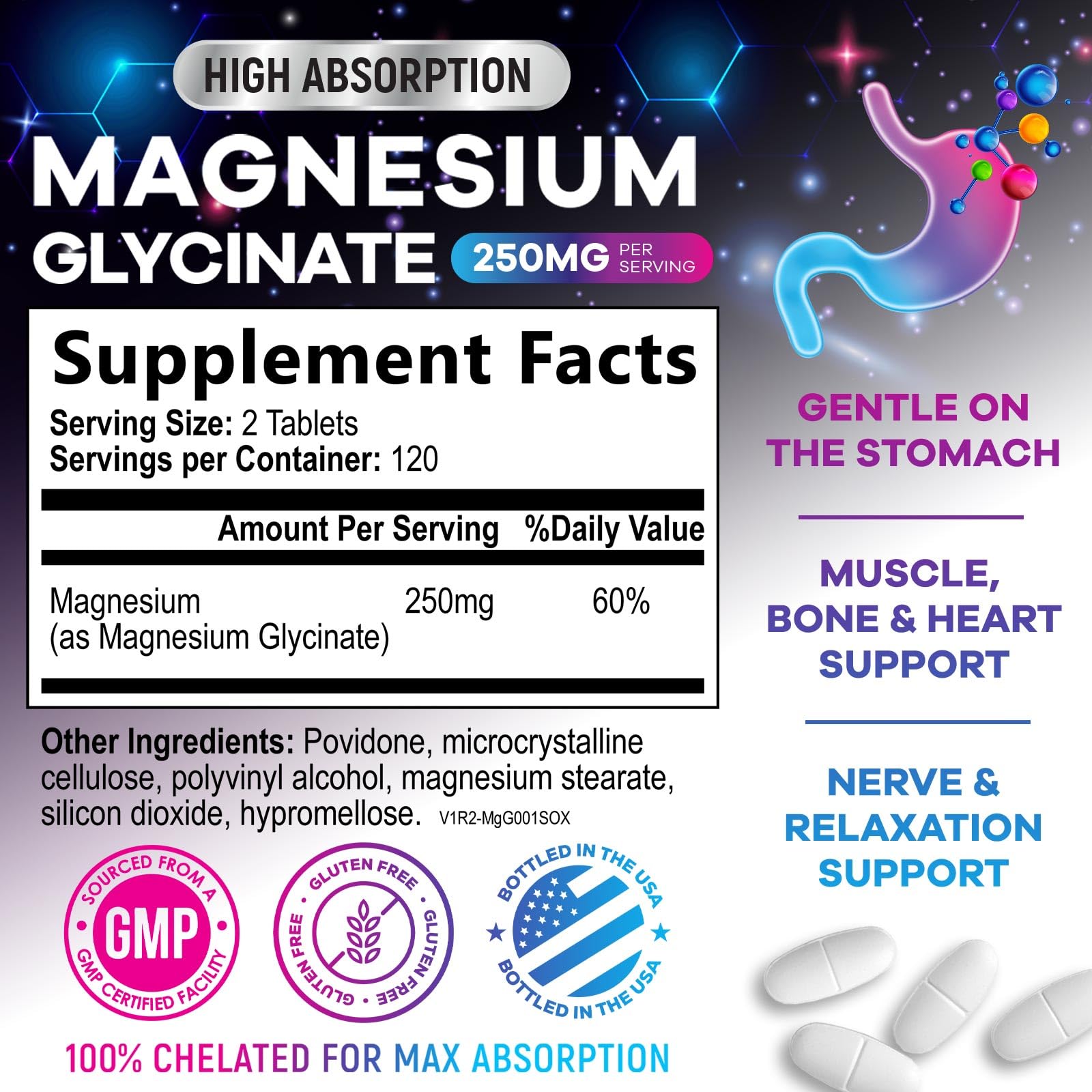 Nature's Peak Magnesium Glycinate 250mg side view