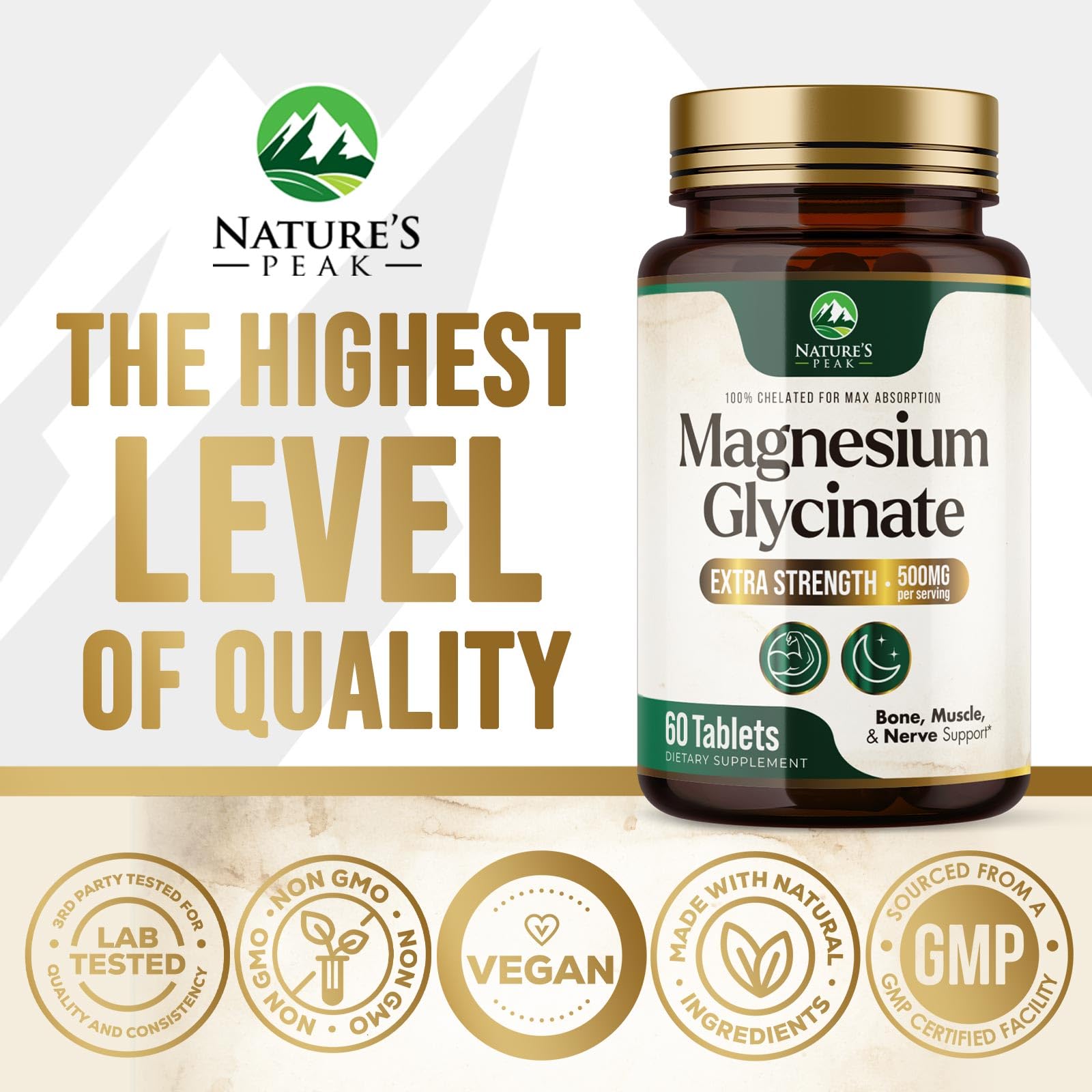Nature's Peak Magnesium Glycinate 500mg Capsules on a wooden table