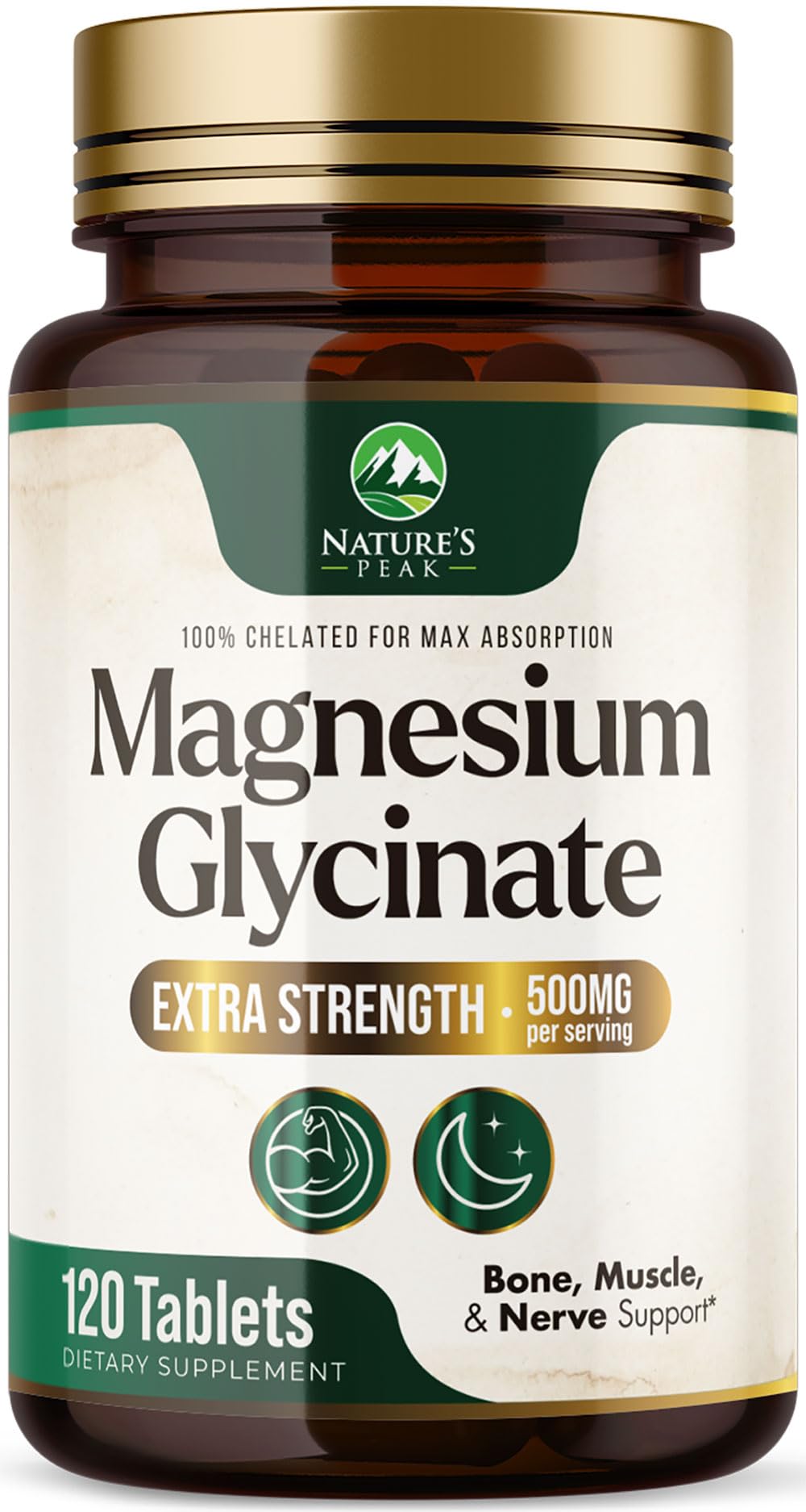 Nature's Peak Magnesium Glycinate 500mg supplement bottle front view
