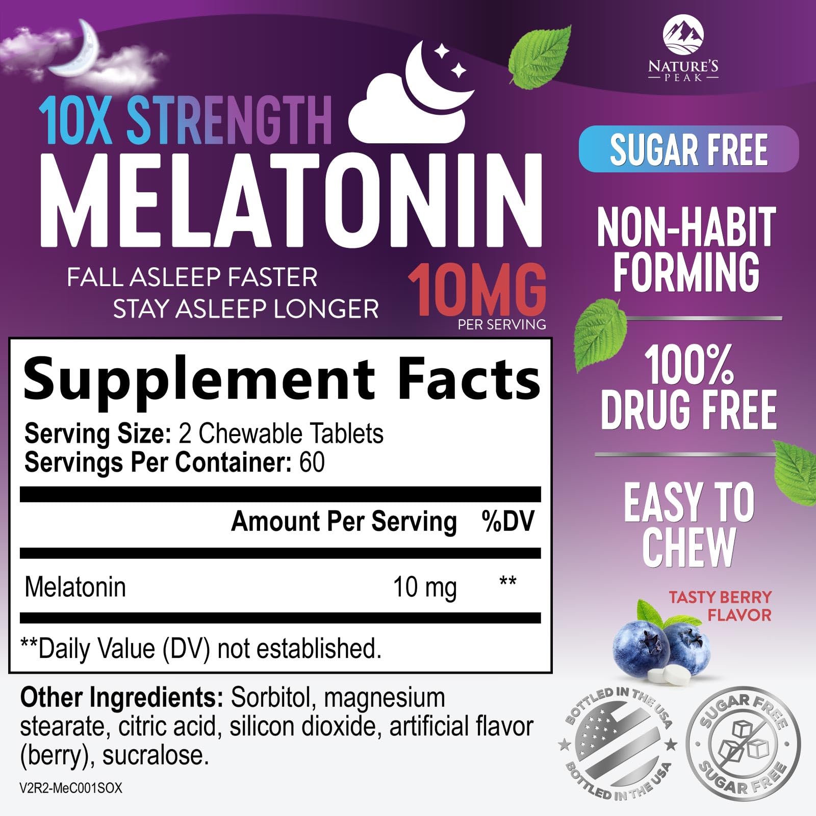 Nature's Peak Melatonin 10mg chewable tablets back view with ingredients