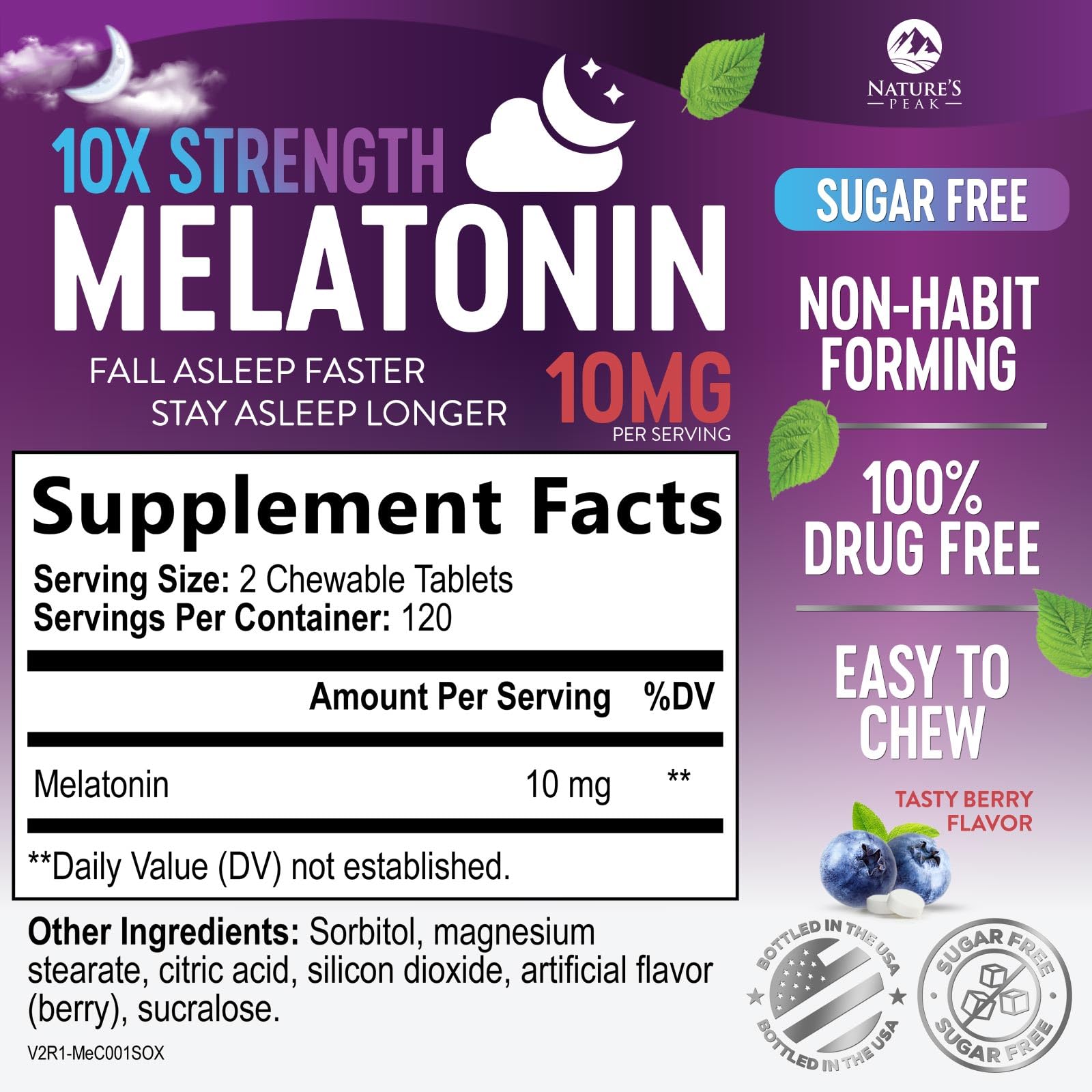 Nature's Peak Melatonin 10mg chewable tablets bottle side view