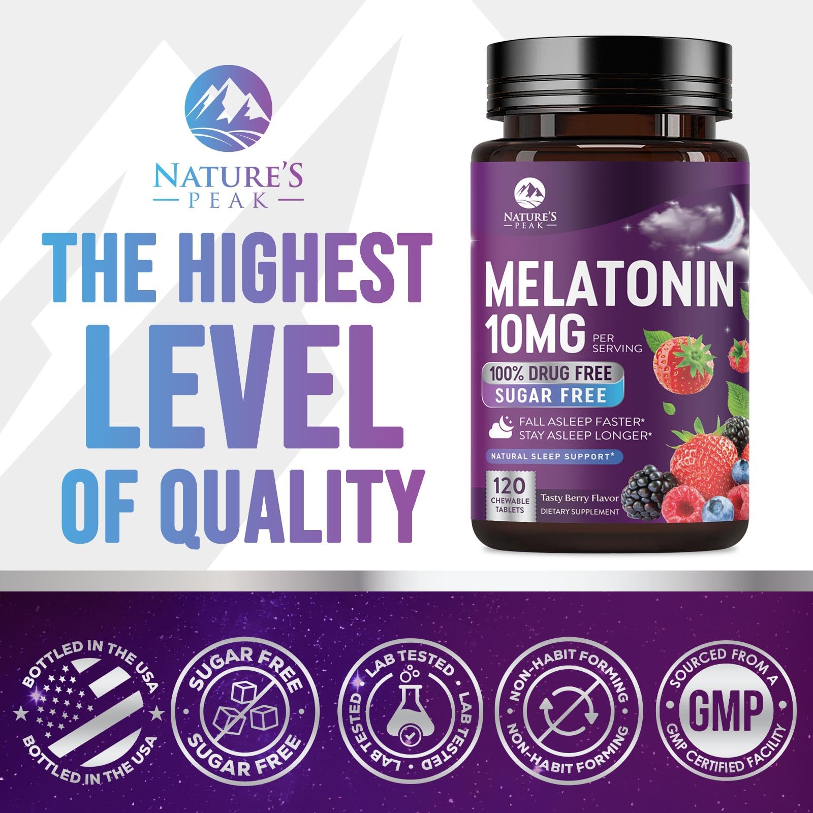 Nature's Peak Melatonin 10mg chewable tablets in a lifestyle setting