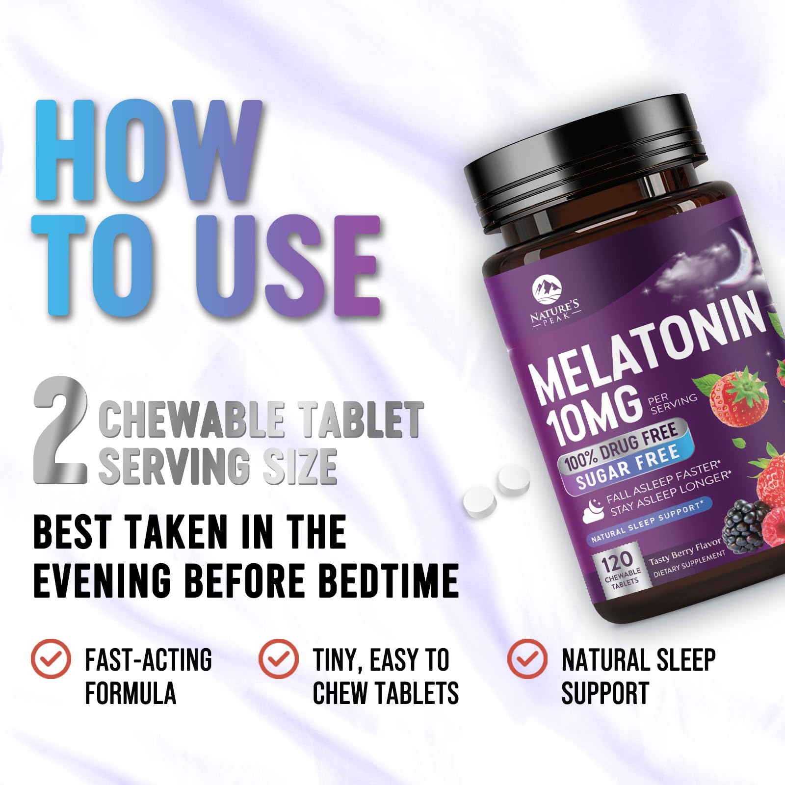 Nature's Peak Melatonin 10mg chewable tablets with a glass of water