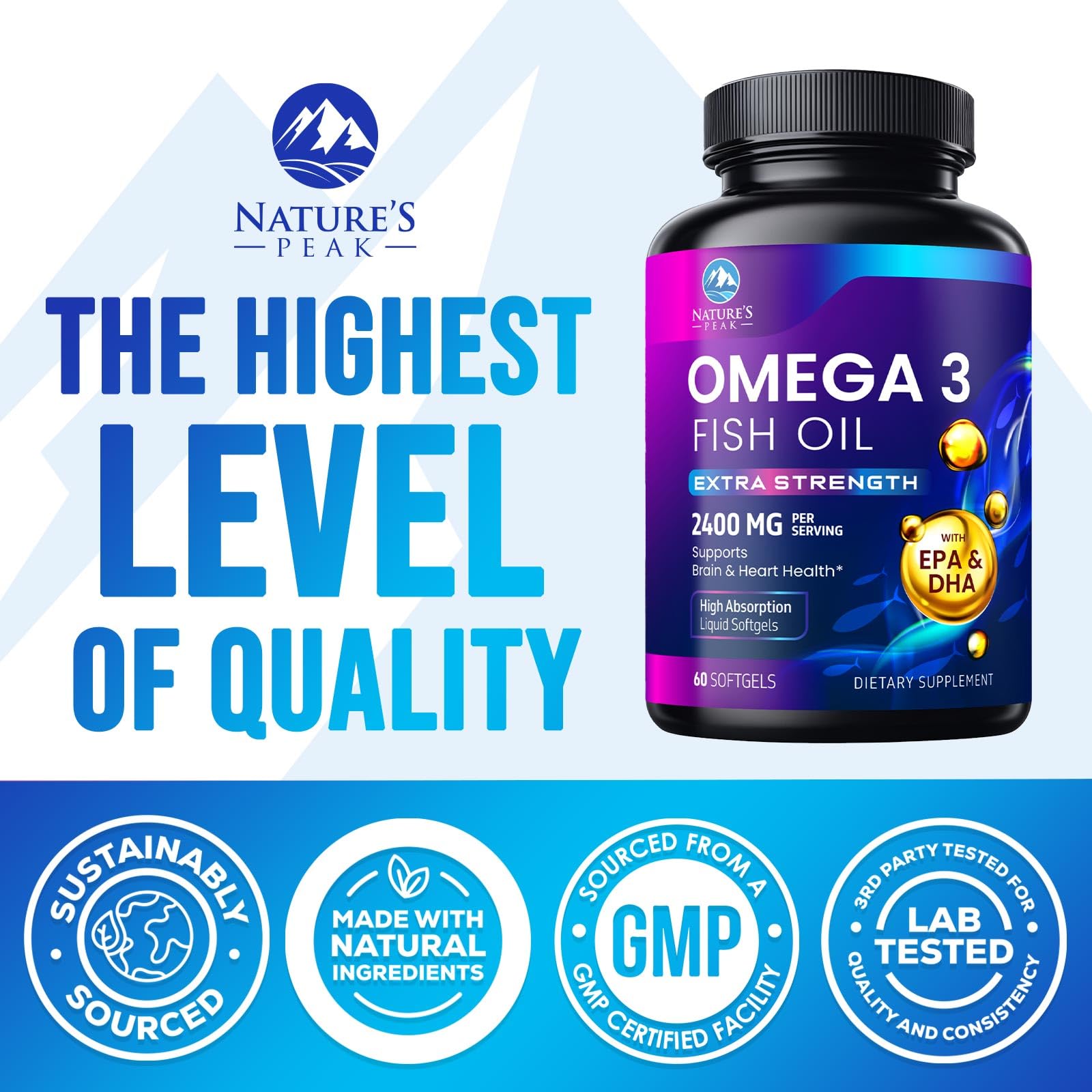 Nature's Peak Omega-3 Fish Oil softgels in a hand for size reference