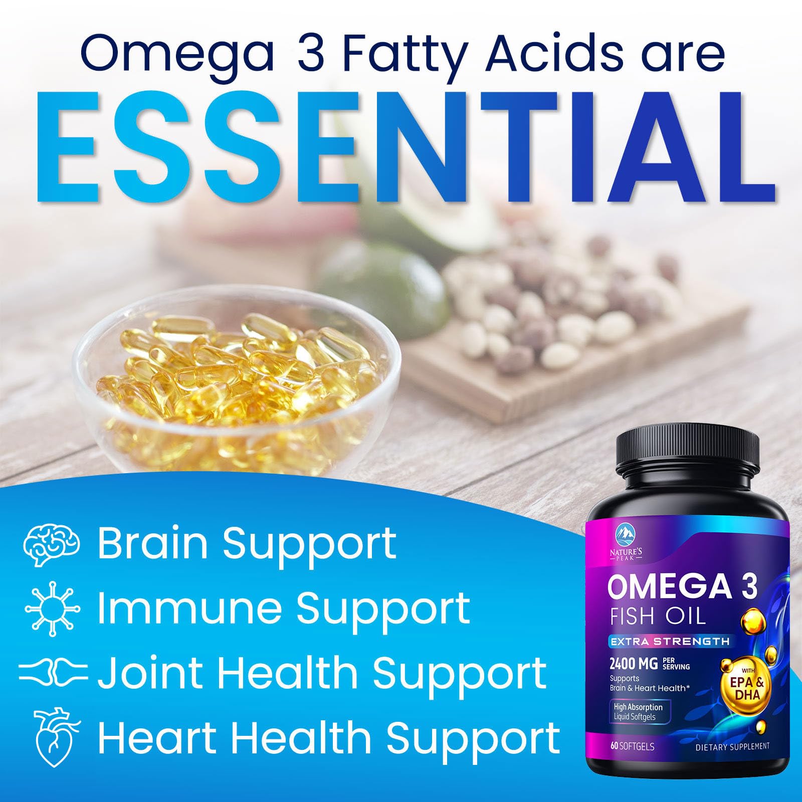 Nature's Peak Omega-3 Fish Oil softgels on a wooden table