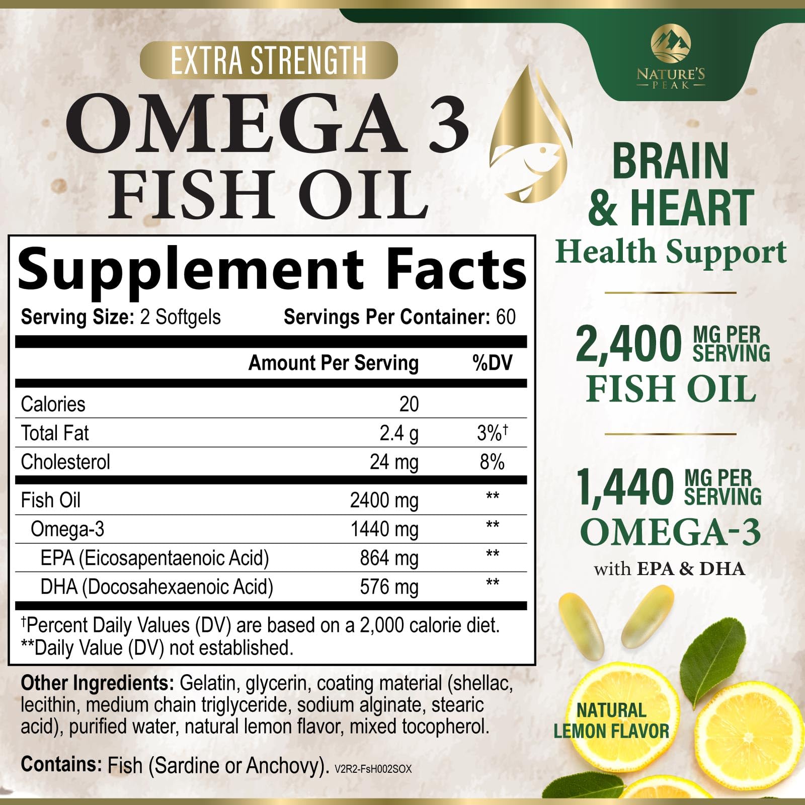 Nature's Peak Omega 3 Fish Oil Supplement 2400mg side view