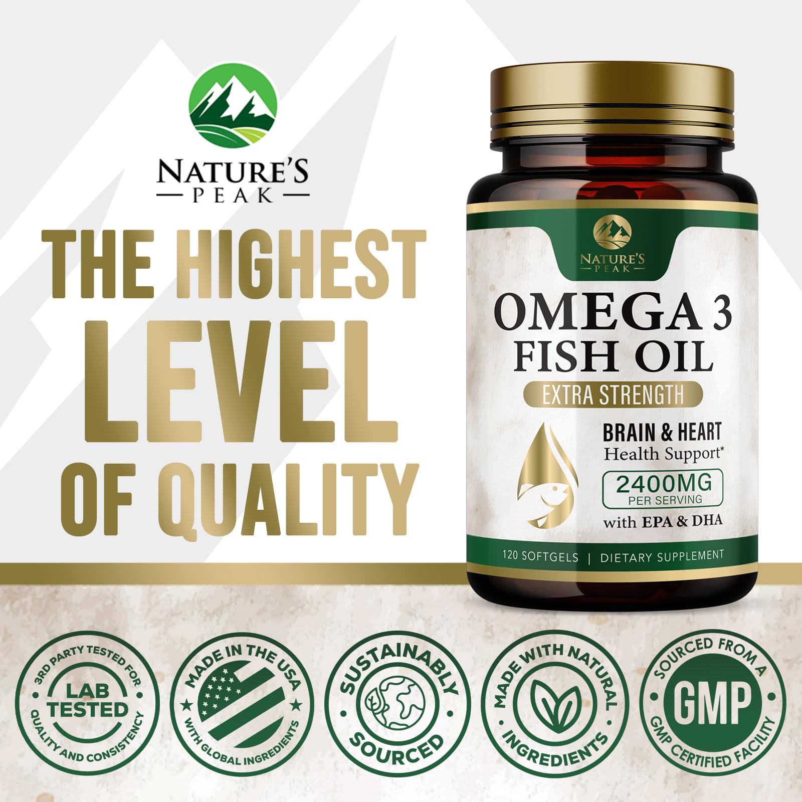 Nature's Peak Omega 3 Fish Oil Supplement 2400mg softgel close-up